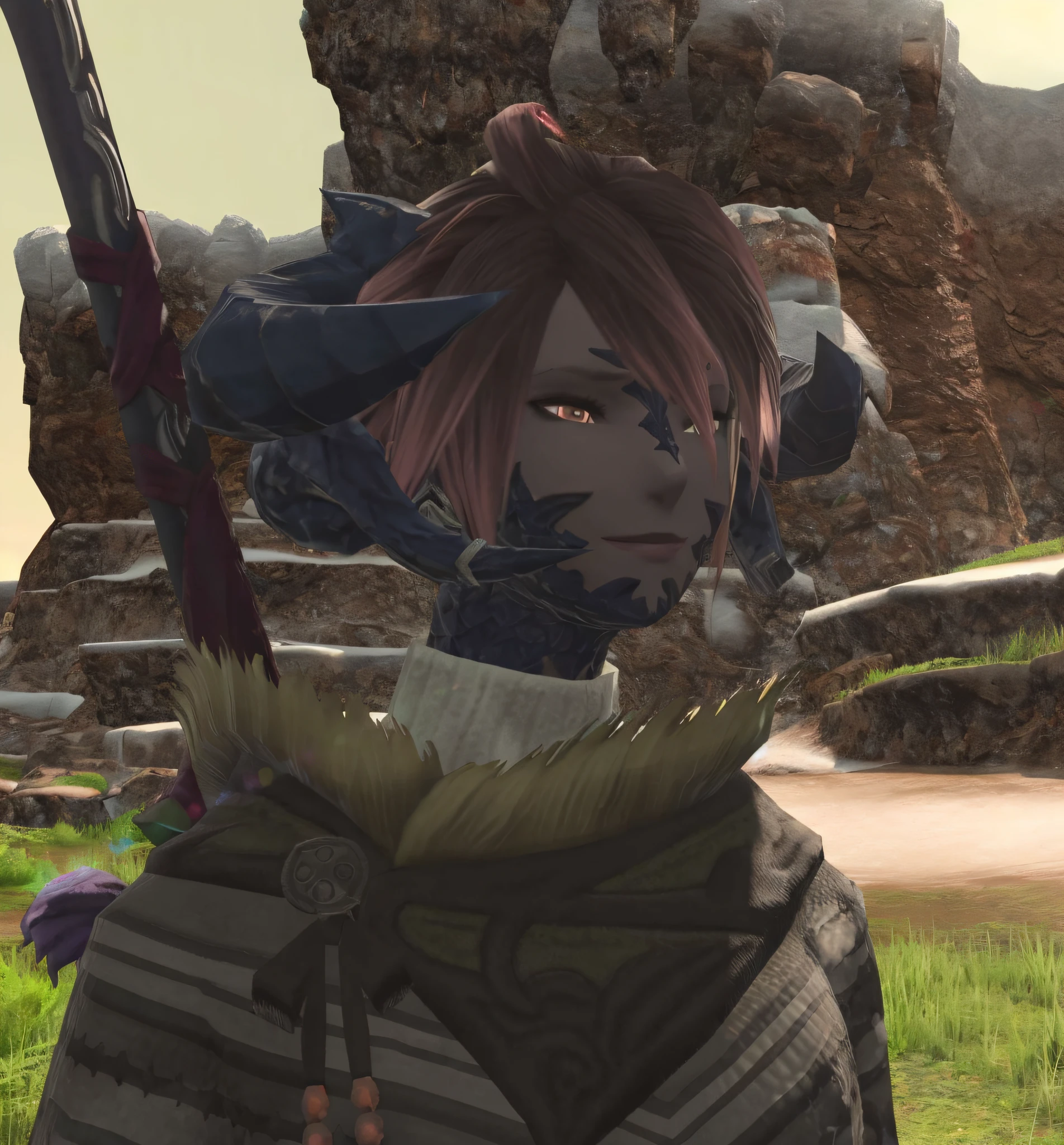 anime character with a sword in front of a stone structure, final fantasy 14 style, final fantasy 14 sharp, final fantasy 1 4 screenshot, final fantasy 1 4, ffxiv, final fantasy xiv, lalafell, character close up, ffxiv heavensward, final fantasy xiv: endwalker, huge pauldrons, close up character, roguish smirk
