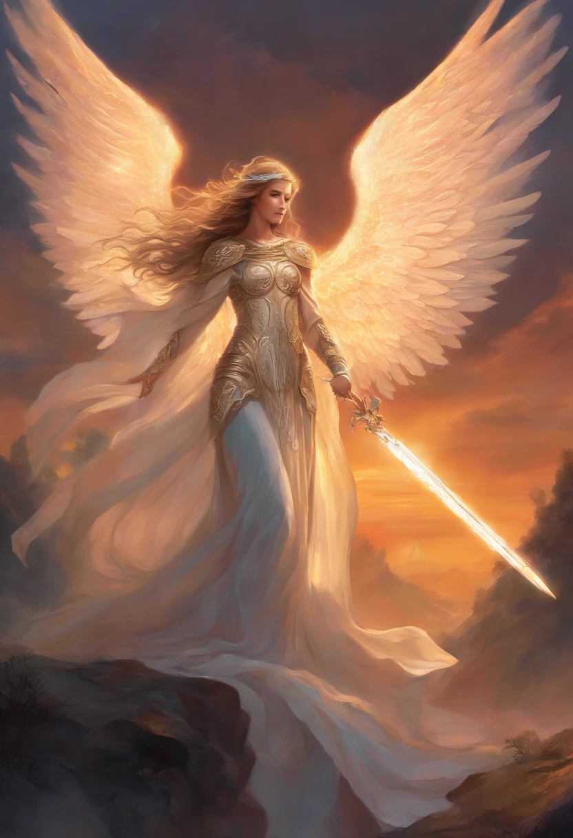 An angel wearing a mask and a cloak stands at the backdrop of a dusk sky. The angelic figure exudes both purity and mystery. The intricate details of the angel's face, including beautiful eyes and lips, captivate the viewer. The cloak billows in the wind, adding a sense of dynamism to the scene. In one hand, the angel holds a staff of divine power, emitting a radiant glow. The other hand firmly grasps a sacred sword, ready to fend off the impending evil forces. The high-resolution artwork emphasizes the magnitude of this depiction, showcasing every minute detail. The shading and lighting techniques create an ethereal ambiance, enhancing the overall atmosphere. The color palette used exudes a combination of celestial hues and warm tones, adding an enchanting touch. Finally, lurking in the background, a monstrous entity symbolizes the impending chaos that the angel must confront and conquer.