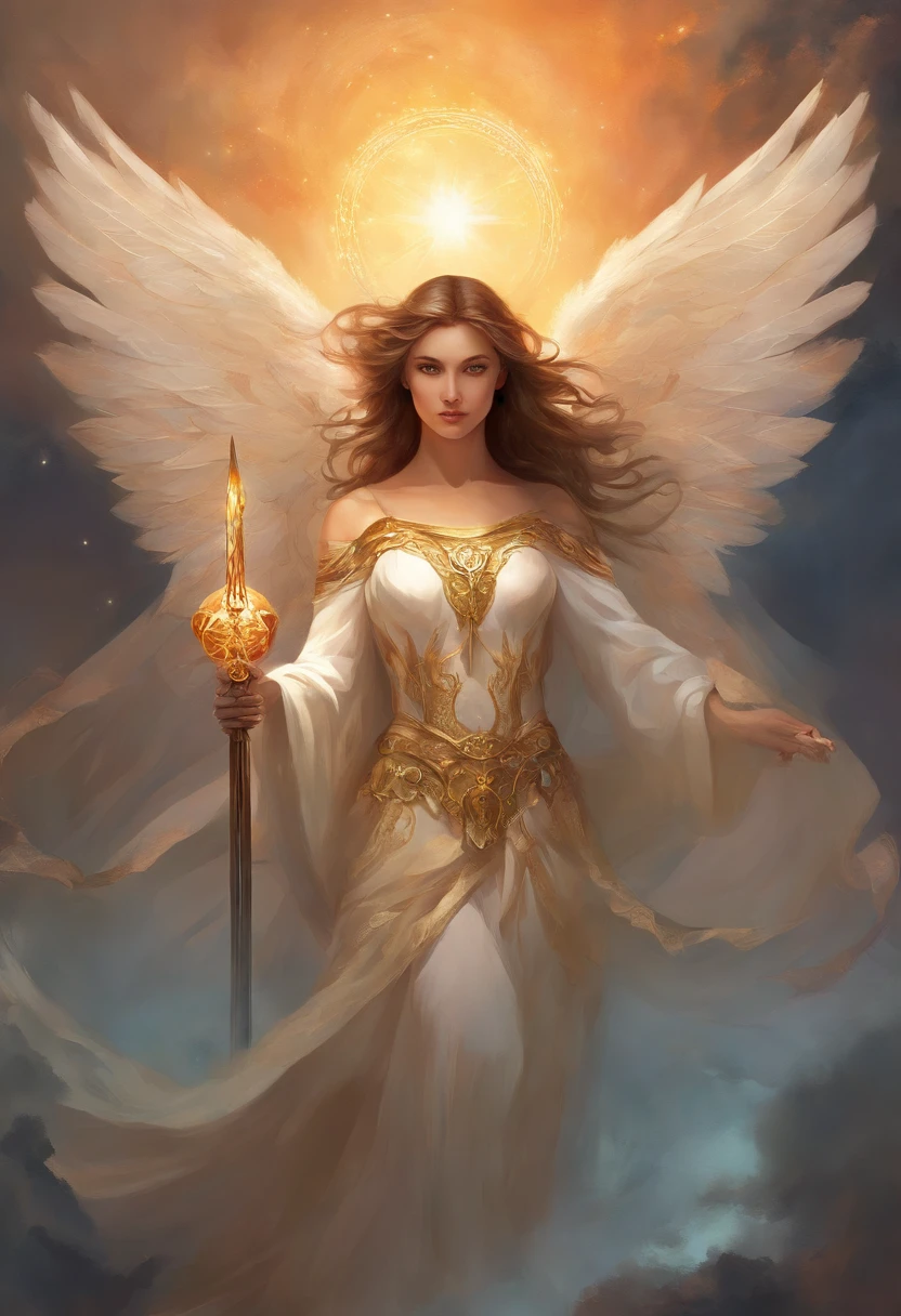 An angel wearing a mask and a cloak stands at the backdrop of a dusk sky. The angelic figure exudes both purity and mystery. The intricate details of the angel's face, including beautiful eyes and lips, captivate the viewer. The cloak billows in the wind, adding a sense of dynamism to the scene. In one hand, the angel holds a staff of divine power, emitting a radiant glow. The other hand firmly grasps a sacred sword, ready to fend off the impending evil forces. The high-resolution artwork emphasizes the magnitude of this depiction, showcasing every minute detail. The shading and lighting techniques create an ethereal ambiance, enhancing the overall atmosphere. The color palette used exudes a combination of celestial hues and warm tones, adding an enchanting touch. Finally, lurking in the background, a monstrous entity symbolizes the impending chaos that the angel must confront and conquer.