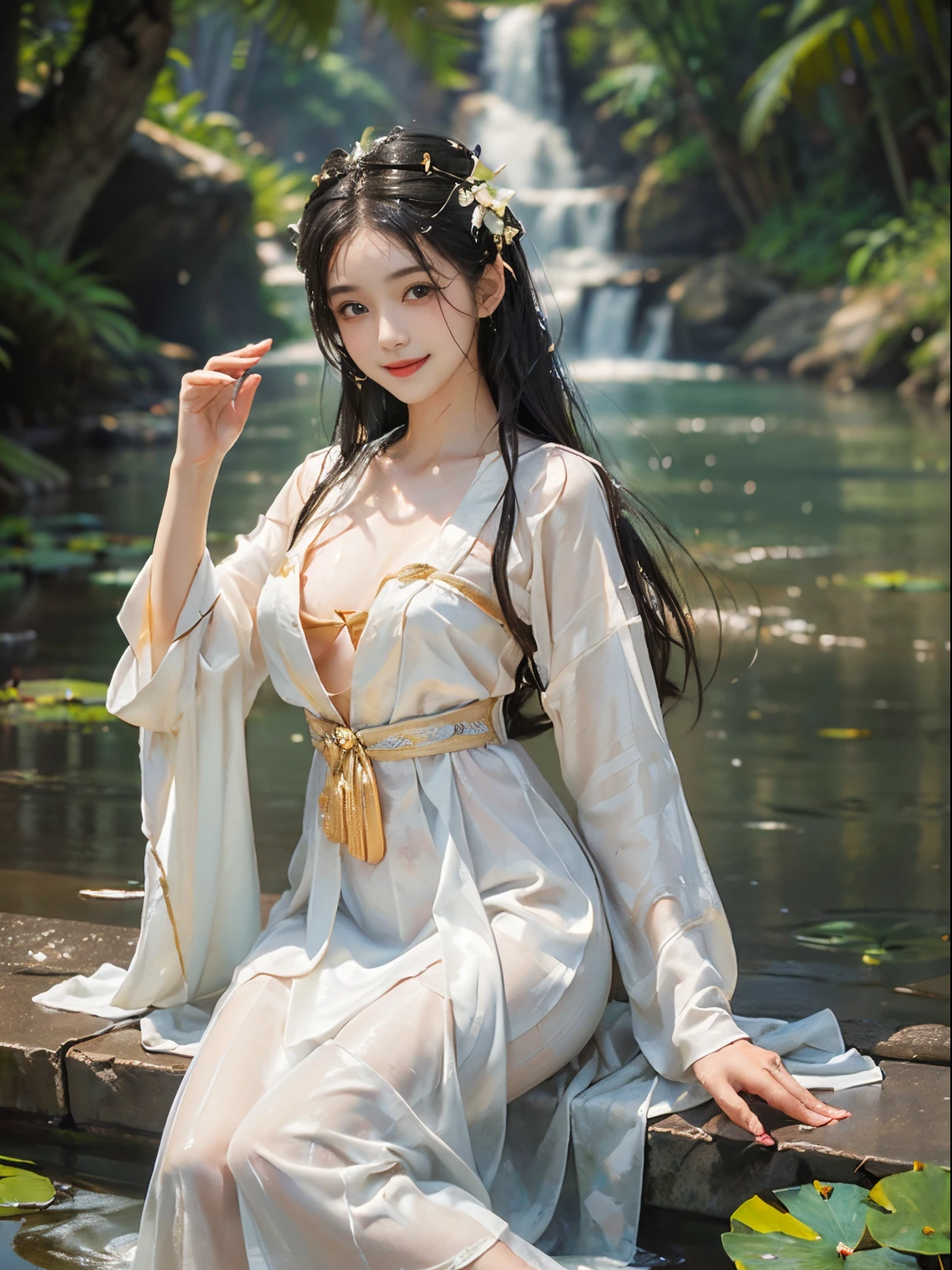 (Beautiful detailed face, youth female model, sweet ancient costume girl, white hanfu, deep V-neck, full chest, playing in the river, lotus, fully soaked, masterpiece, best quality, extremely detailed description, super fine painting, exquisite face, slim figure, long legs, smile, radiant smile)