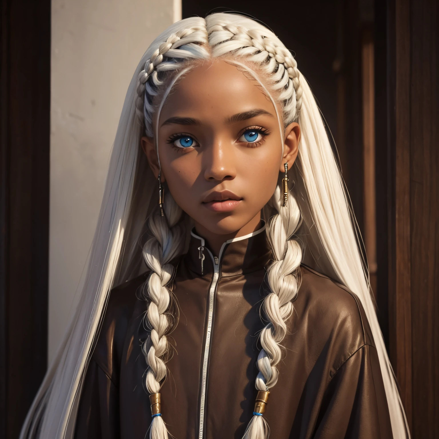 A deep brown skinned androgynous subject white hair into two braids with blue colored eyes. Petite and warrior