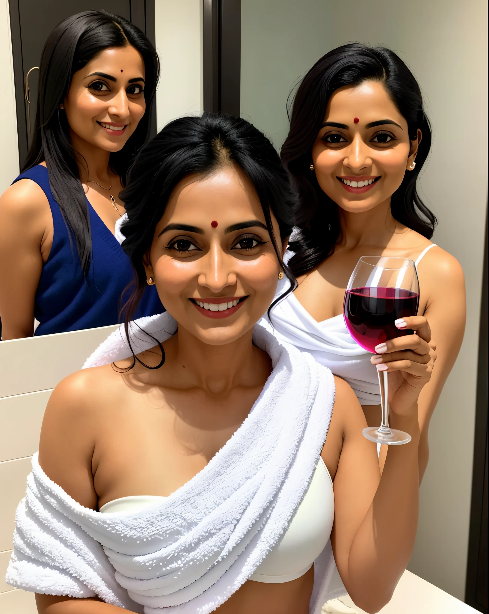 smiling woman in a towel with a glass of wine in her hand, ritu kumar, with a seductive smile, 5 feet away, about 3 5 years old, 3 0 years old woman, 30 years old woman, actress, mixed art, trending ,, 3 2 years old, sharandula, 3 6 years old, seductive smile, very silly looking