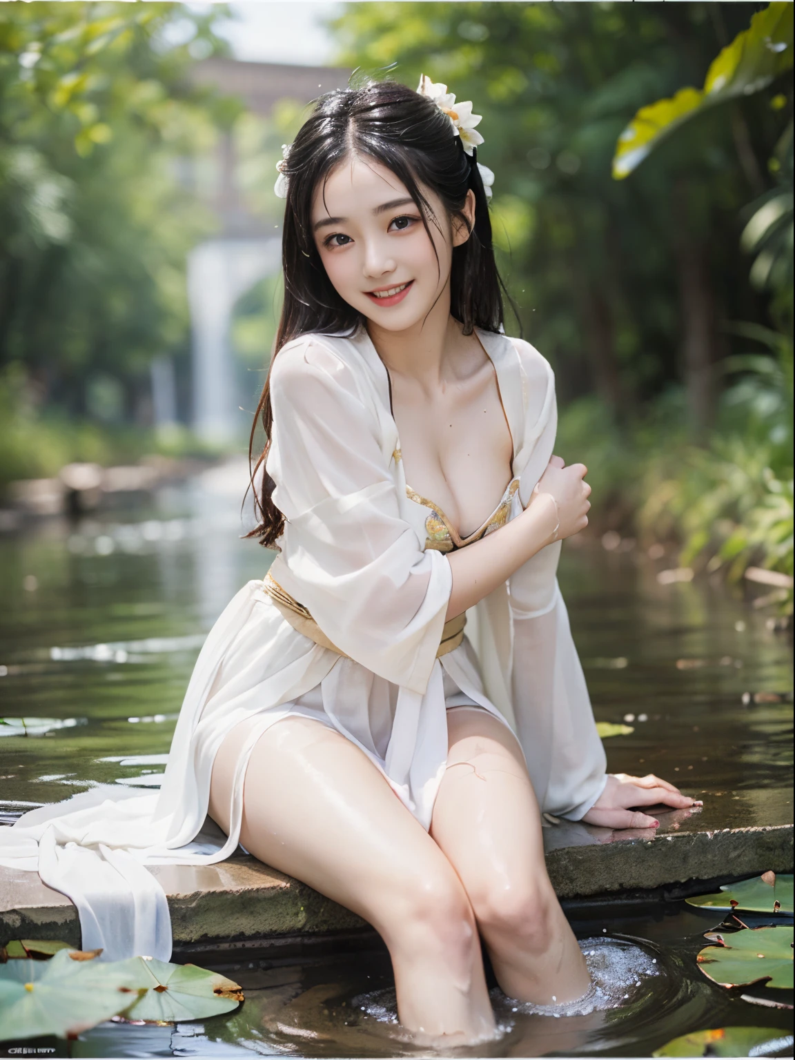 (Beautiful detailed face, youth female model, sweet ancient costume girl, white hanfu, deep V-neck, full chest, playing in the river, lotus, fully soaked, masterpiece, best quality, extremely detailed description, super fine painting, exquisite face, slim figure, long legs, smile, radiant smile)