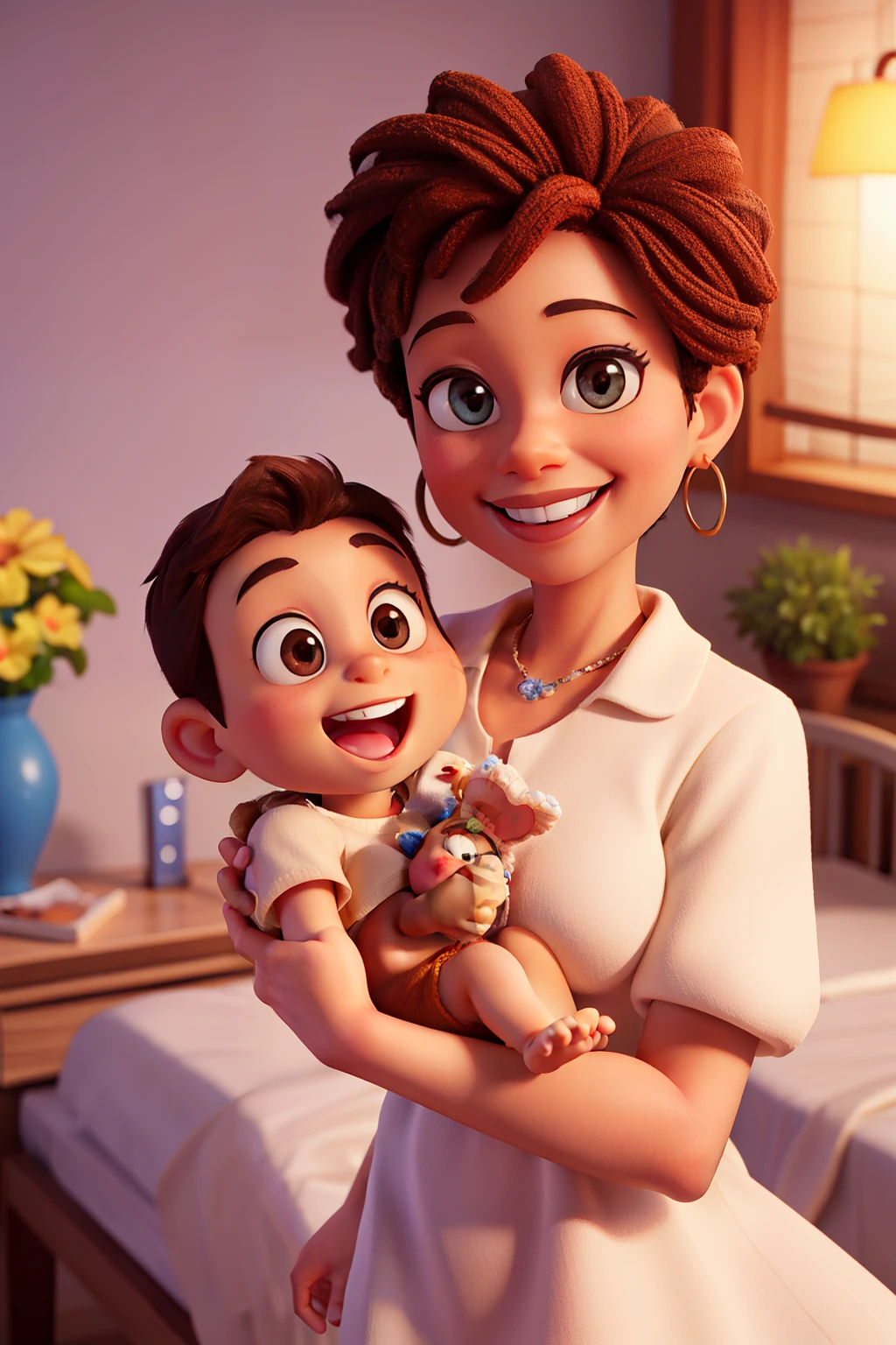 A Disney Pixar picture of a light skin mother holding her newborn baby in her hospital bed smiling with her baby 3D picture