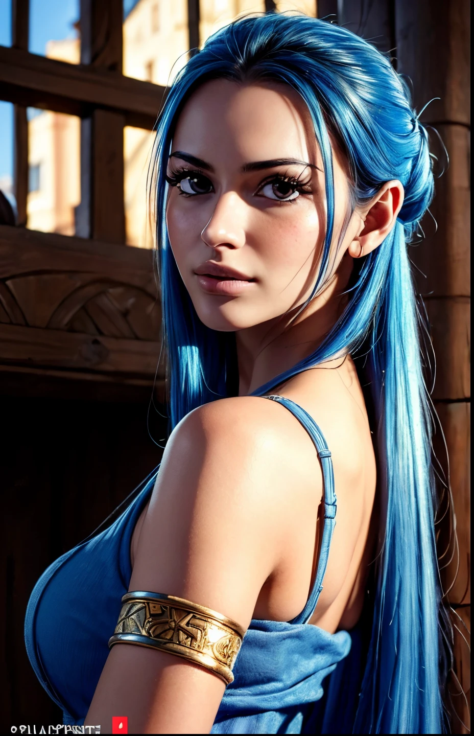 (masterpiece, best quality:1.4), (pirate ship), (from back:1), (1girl), (solo), (head to waist photo) (european youth:1), blue hair (fashion hair:1.3), Nefertari Vivi de One Piece, hyperrealistic, high detailed skin, dslr, soft lighting, high quality, highly detailed face, highly detailed eyes, highly detailed skin, skin pores, subsurface scattering, full face blush, highly detailed face, highly detailed eyes, beautifull face, full lips, detailed background, depth of field, volumetric lighting, sharp focus, realistic proportions, good anatomy, (realistic, hyperrealistic:1.4), 16k hdr, daylight