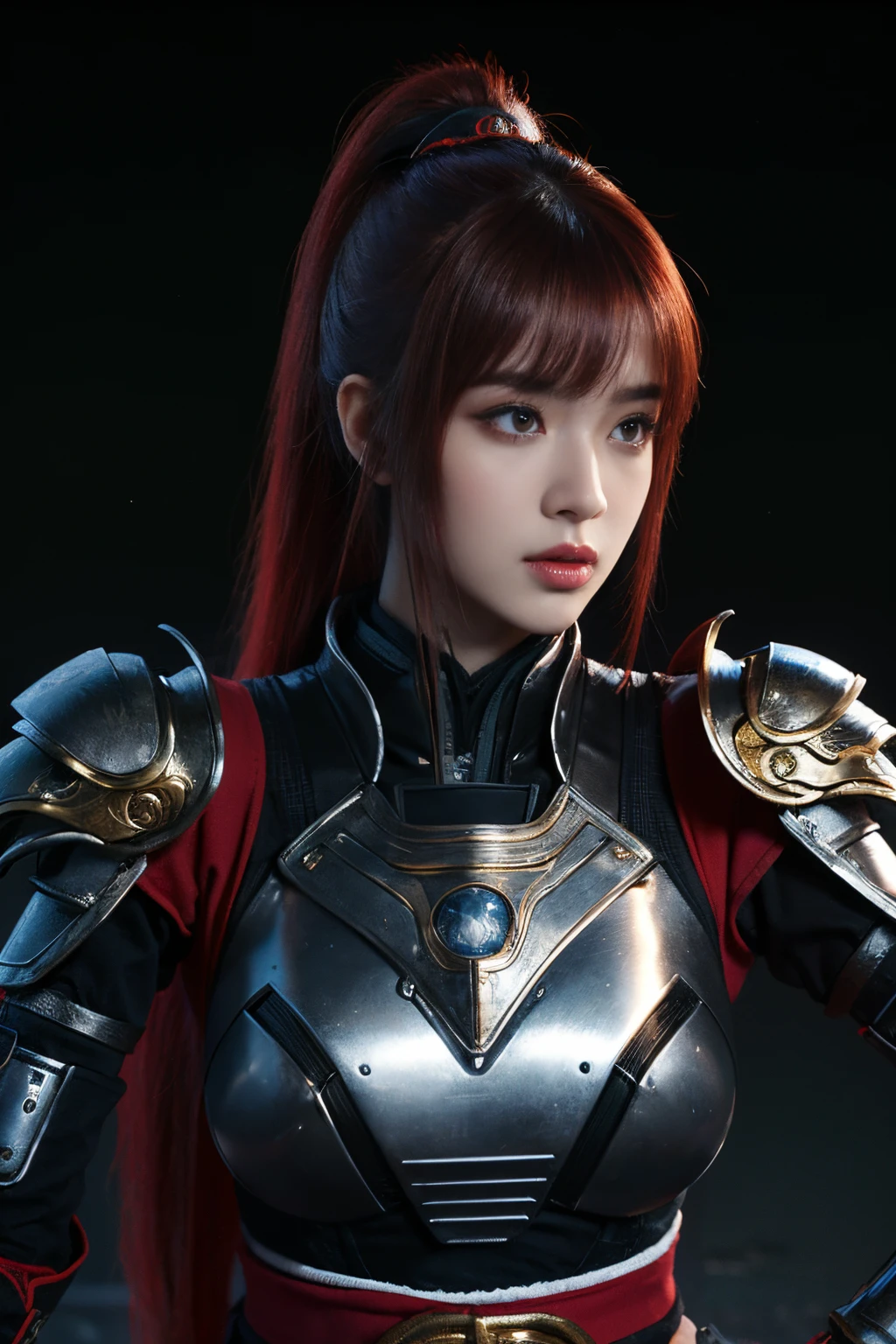 tmasterpiece,Best quality at best,A high resolution,8K,(portrait),(Close up of avatar),(RAW photogr),real photograph,(Costumes that combine fantasy and science fiction styles),digital photography,s girl,18yo Girl,long ponytail hairstyle,through bangs,Beautiful white and red gradient hair,Red eyes,iintricate,elegant and charming,The content is very detailed,Simple accessories,Metal armor,black sash,Clothing that combines technology and ancient style,Crop topping,Hollow armor design,Combat uniforms,Shoulder pads,cyber punk personage,binh,Photo pose,stately,metalictexture,oc render reflection texture,Gray street background