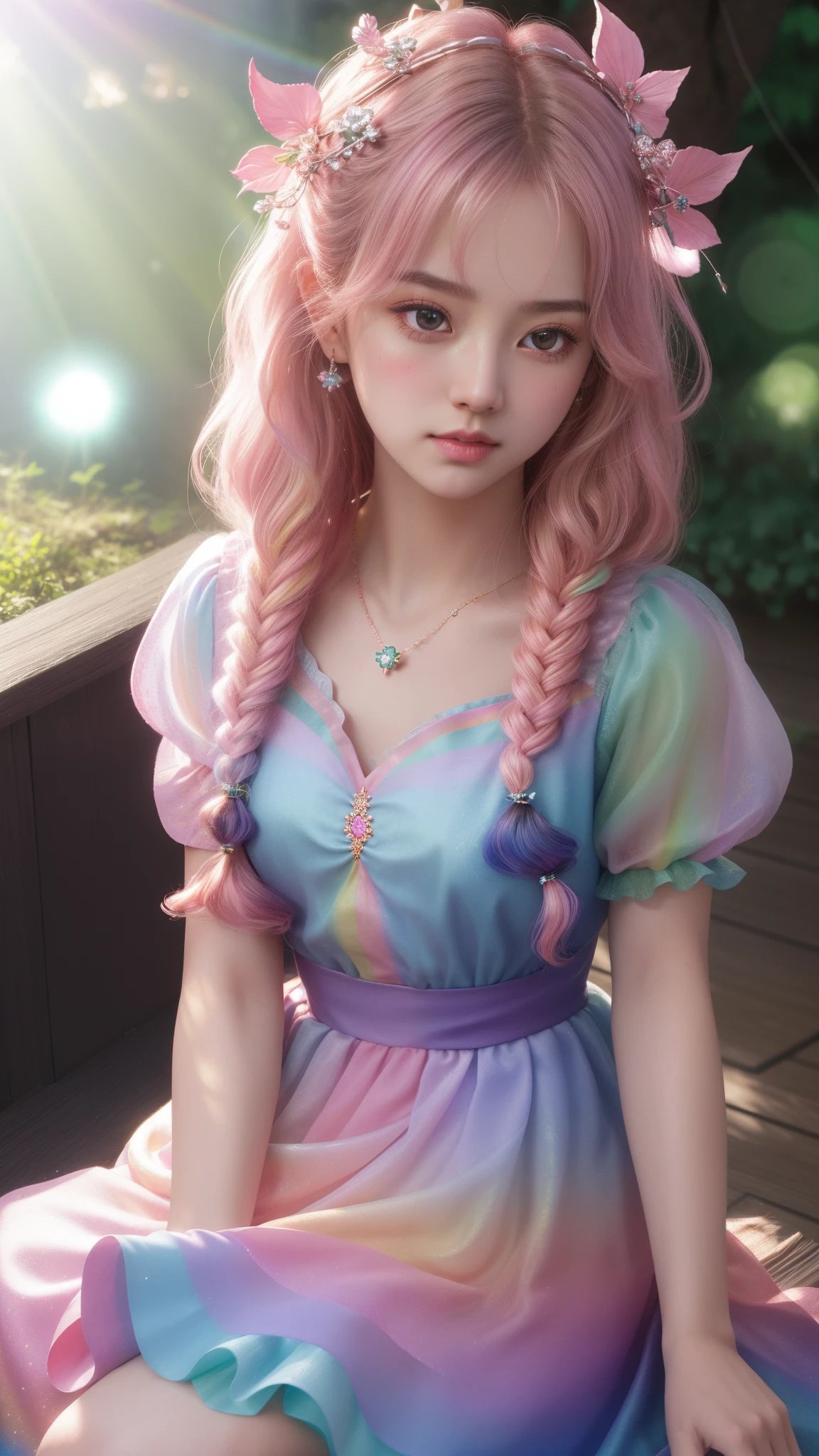 a girl, detailed hair, detailed eyes, shy, facial hair, clover hair ornament, jeweled branch of hourai, jewelry, light blush, light blush, musical note hair ornament, dark rainbow dress, princess dress, rainbow highlight, glowing light, ray tracing, bloom, chromatic aberration abuse, motion blur, 4K, UHD, masterpiece, sitting,