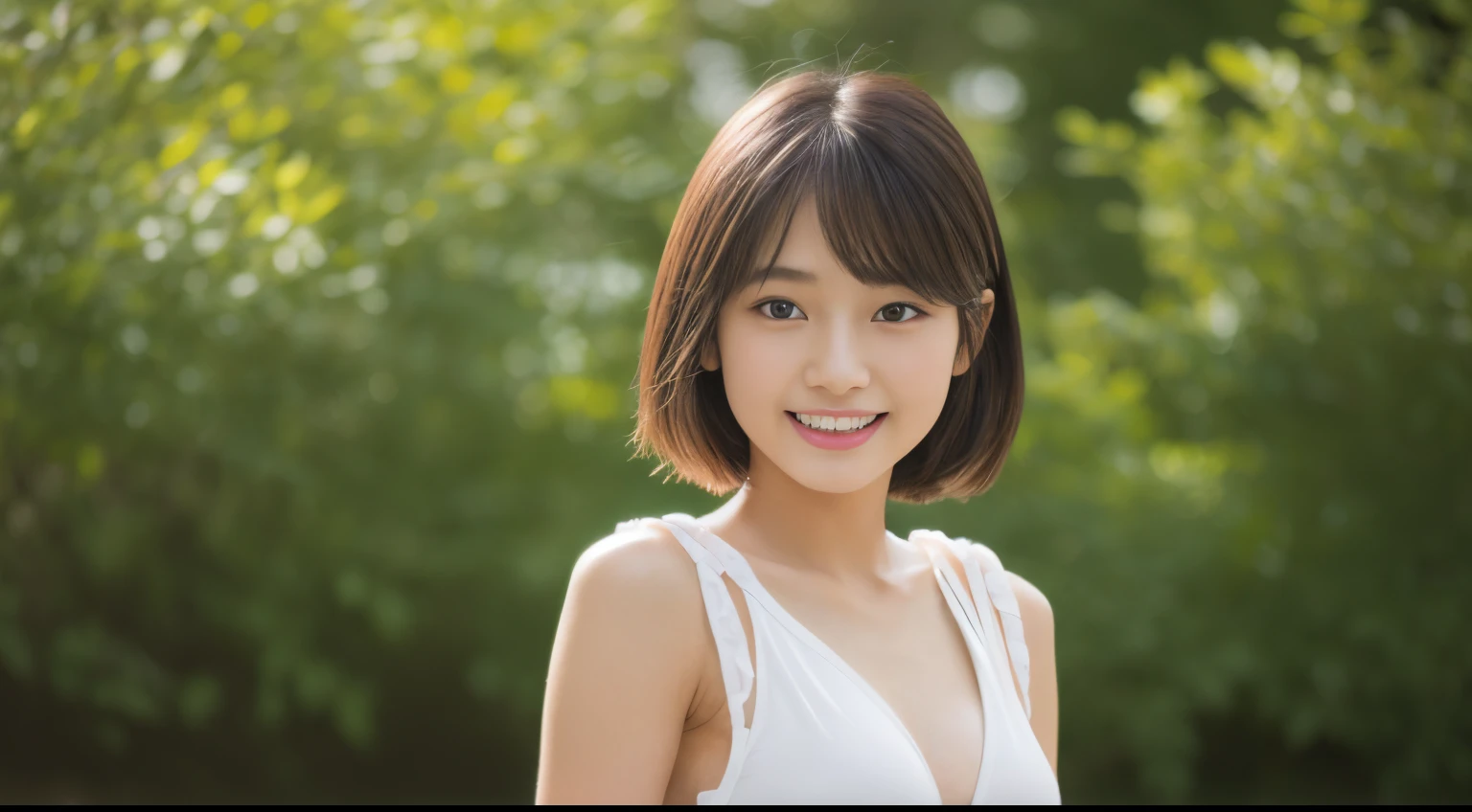 High resolution, Raw photo, Photorealistic, Extremely delicate and beautiful, Extremely detailed, finely detail, Highly detailed CG Unity 8K wallpaper, Ultra-detailed, (Best Quality, 8K, 32K, masutepiece, nffsw:1.2), 17 year old erotic cute Japanese model in the park, white low leg panties, side-tie bikini bottom, beautiful and detailed face, Beautiful clear long eyes, Delicate figure, short-haired, (skinny, slim, Slender and delicate body, Small breasts, Narrow waist), Upper teeth, Young Sensual Gravure Idol, Young thin gravure idol, Young Pretty Gravure Idol, Young Gravure Idol, Realistic Young Gravure Idol, sophisticated gravure idol,Full body like