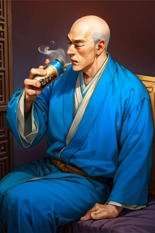 male people,Chinese costume,55-65 years old,less hair,bard,Sit Pose,drink,drunk,Blue clothes,dashing,Casually,dispirited