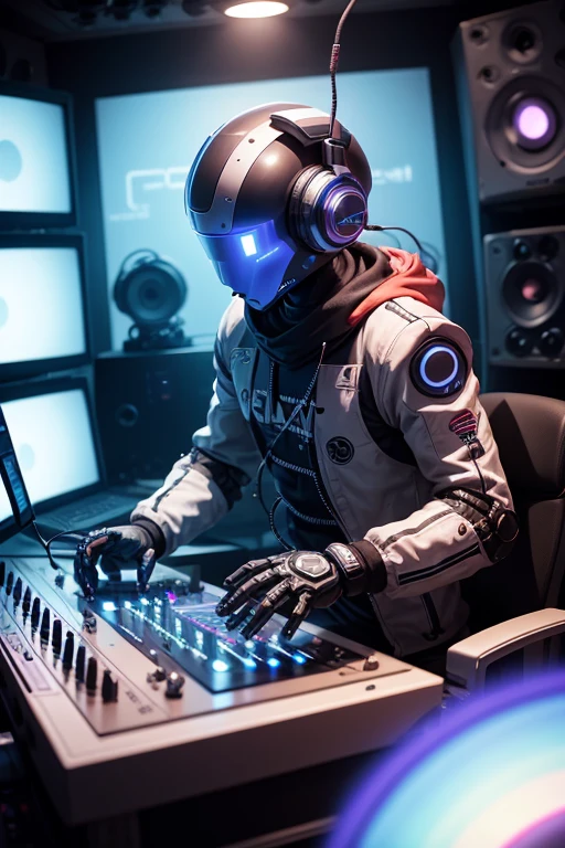 a robot DJ creating music in a studio
