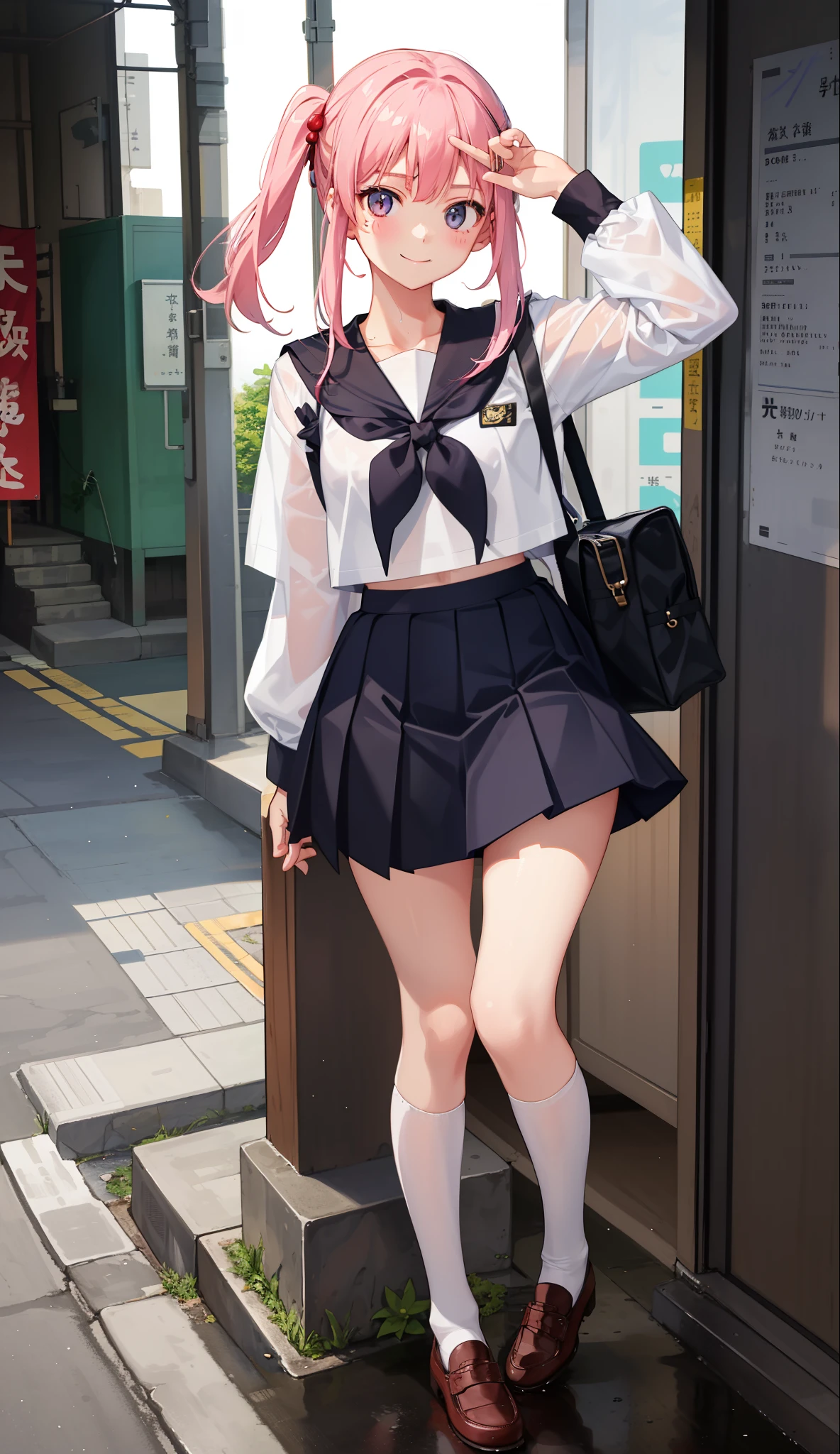 1girl in、A smile、The shirt、skirt by the、Light in the eyes、(Highlights for the eyes)Wink、(small tits)Chilarism、Japan High School Student Uniform、serafuku、summer clothing、Squall Drenched Uniform、Sheer Bra、(Portrait from the knee up)、