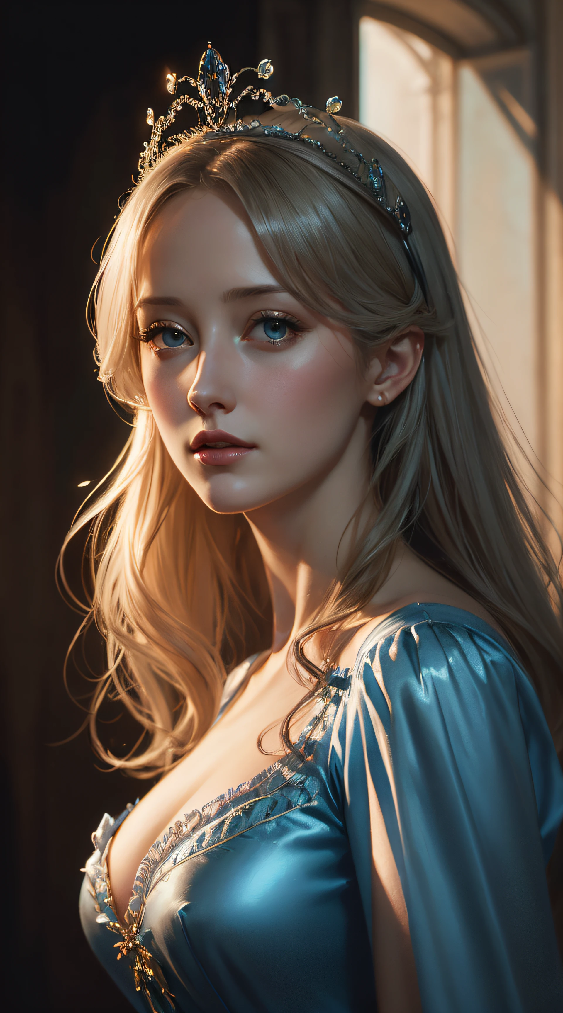 Andrea Riseborough, cinderella tiara sexy clothes, character portrait, 4 9 9 0 s, long hair, intricate, elegant, highly detailed, digital painting, artstation, concept art, smooth, sharp focus, illustration, art by wlop, charlie bowater and alexandra fomina