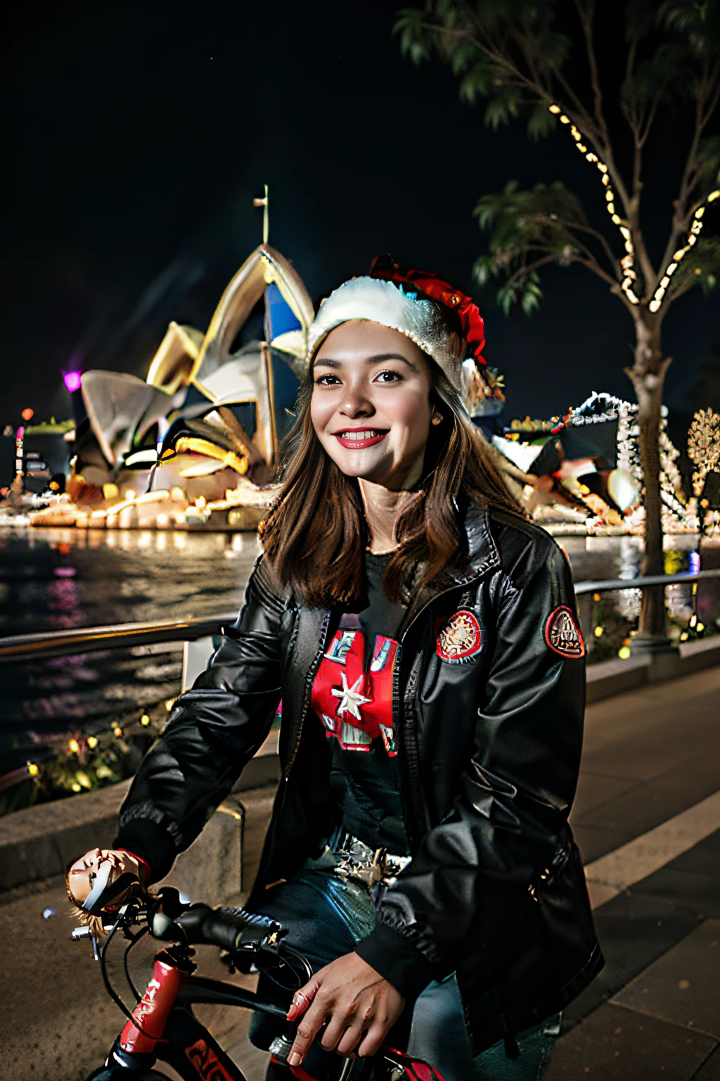 ??????? bike, sydney, christmas lights. high quality background, long pants. smiling.