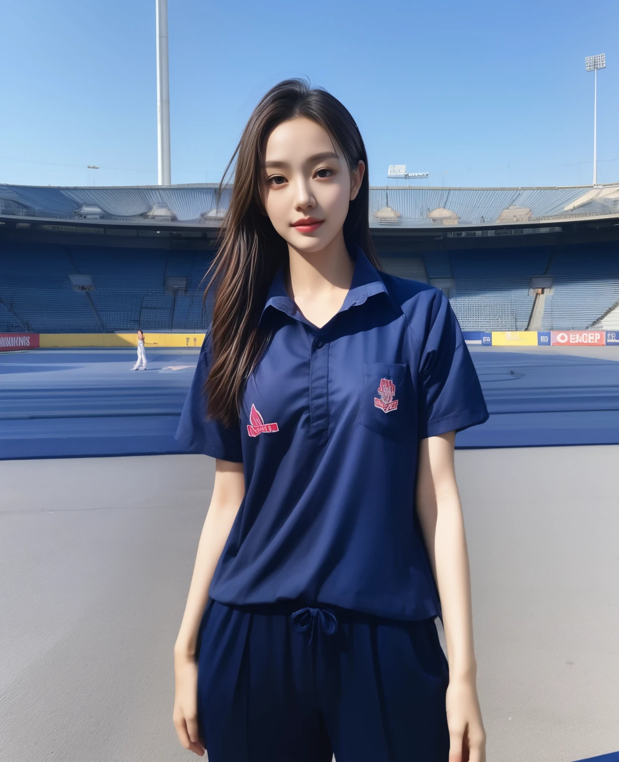 (bestquality,10,10,highres,masterpiece:1.2),ultra-detail,(Realistic,photorealistic portrait,photo-realistic:1.37),1 Cute girl in the football field,oily shiny skin,bara,light smile,BDclothes,((blue shirt:1.3)),short sleeves,shirt, trousers.,(navy_long_Pants Track:1.1), ((Stadium Background:1.3)),dynamic angle,excited,face focus,Dynamic Poses,from behide,Ass Focus,masterpiece, bestquality, ultra realistic, hyper-detail, 8k resolution, RAW photo, crisp focus, ((Navy blue shirt:1.1)), short sleeves, Long Path, Perfect body, 2 mature women, 18yo, cinematic light,Blue sweatpants,Gymware,Correct anatomy,Complete body, Correct body, sharp face, Anatomically correct body, full entire body, Realistic gestures, long-haired, Realistic poses,Wear long shorts...........................,Long leg span,Shapely,Sculpting Girl, Slender Figure, mannequin mannequins, Shapely, Beautiful body,Blue sweatpants, Two girls kissing