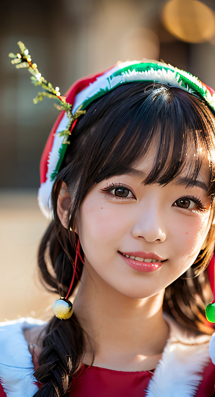 ((Mature girl in Santa Claus costume:1.3, green and red dress)), japanaese girl, 25 years old, Face Focus, ((eyes visible through hair)), ((Plump lips)), Cute Girl, Little smile, ( One small mole under the eye), (Hair over one eye), hair between eye
