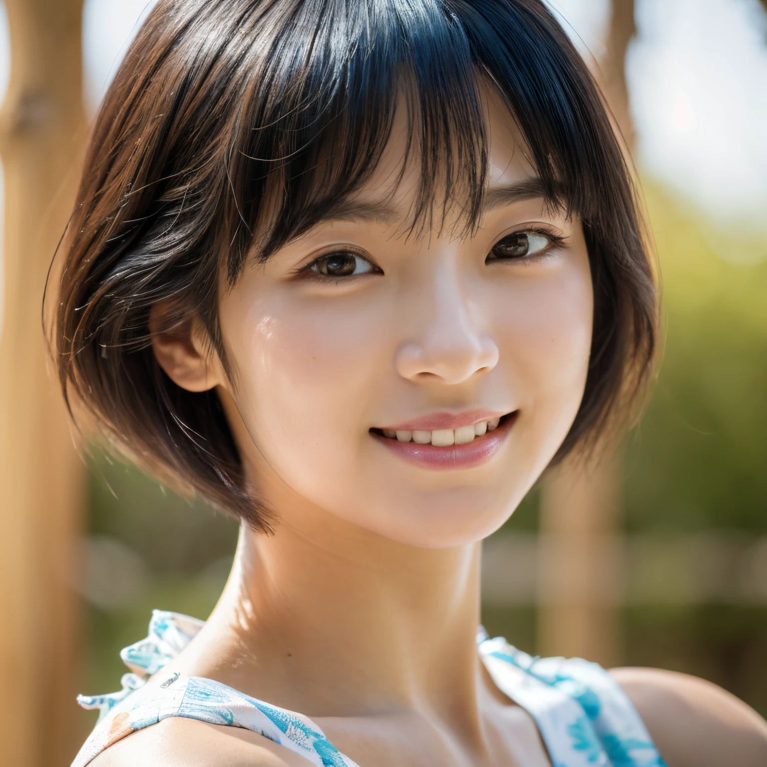 (masutepiece:1.3), (8K, Photorealistic, Raw photo, Best Quality: 1.4), Japan people, (1 girl),25 years old, Beautiful face, (Realistic face), (Black hair, Short hair:1.3), Beautiful hairstyle, Realistic eyes, Beautiful eyes, Beautiful eyes, (Realistic skin), Beautiful skin, Attractive, Ultra high definition, High Definition, close up, Portrait, Golden ratio, Detal Face, Look at the beholder, Smile, (Shoulder Look), Middle chest,
