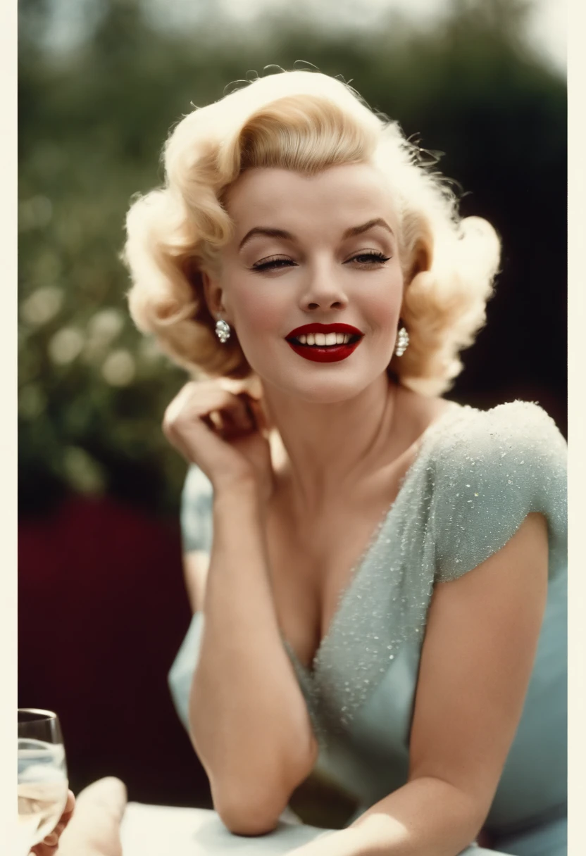 A photo of Marilyn Monroe in a glamorous 1950s-style outfit, sipping on a glass of champagne at a rooftop garden party,original,Marilyn Monroe has bleached blonde hair, plump red lips and a mole on the upper corner of her lip on the right side of her cheek. , female