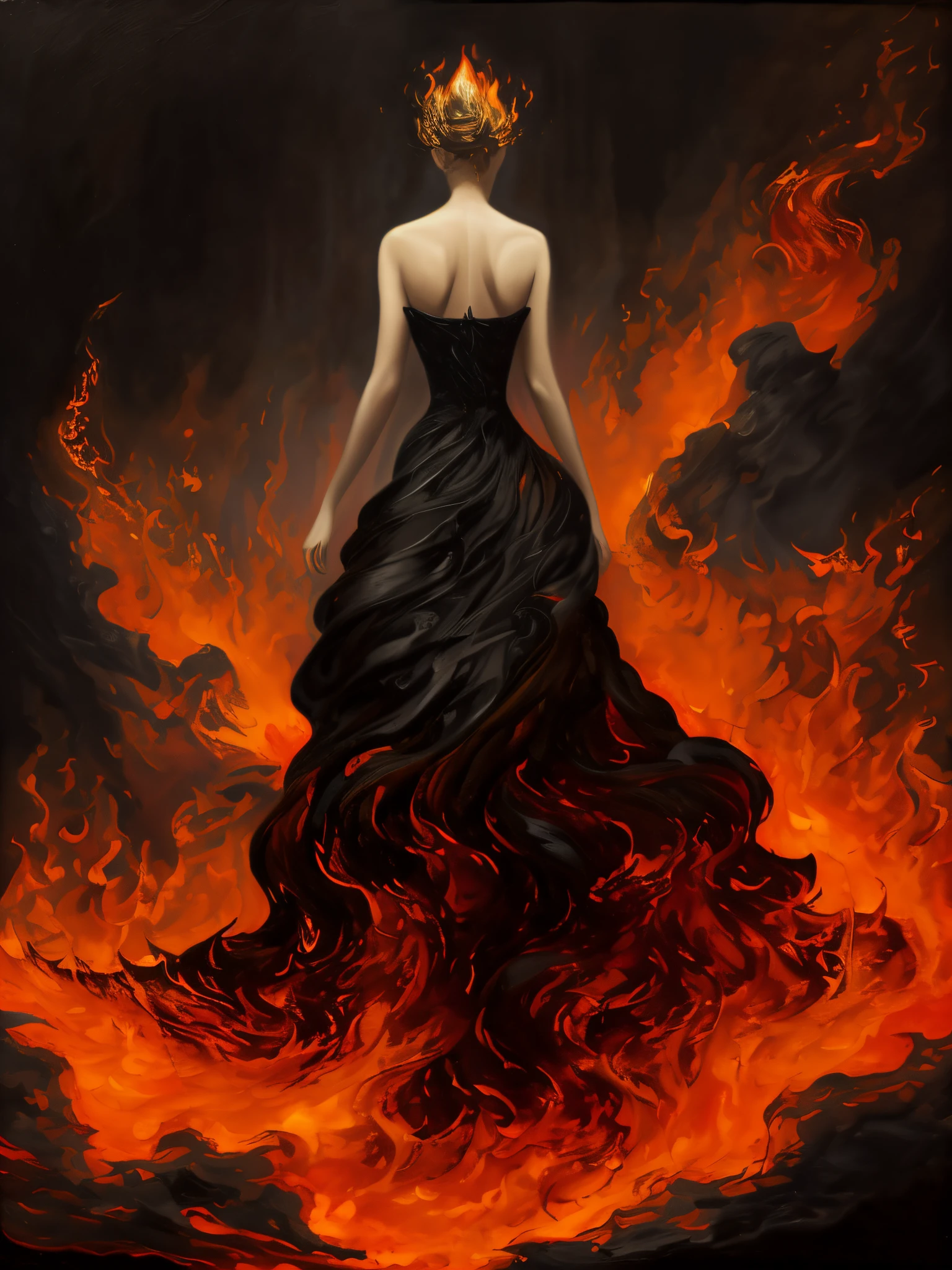 The painting shows a woman wearing a black dress standing in the fire, dress made of fire, fire dress, woman made of black flames, Her body is made of fire, Out of the flames, flames surround her, Devoured by swirling flames, the fire goddess, Surrounded by flames, Fire Queen, standing in fire, Her hair is made of fire,Amazing,A detailed,Burning with desire