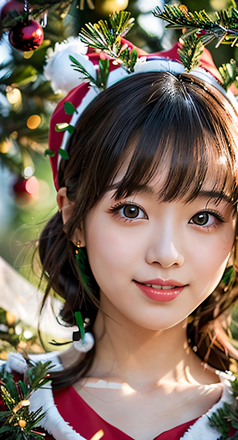 ((Mature girl in Santa Claus costume:1.3, green and red dress)),japanaese girl, 25 years old,Face Focus, ((eyes visible through hair)), ((Plump lips)), Cute Girl, Little smile,glareing,35㎜ film