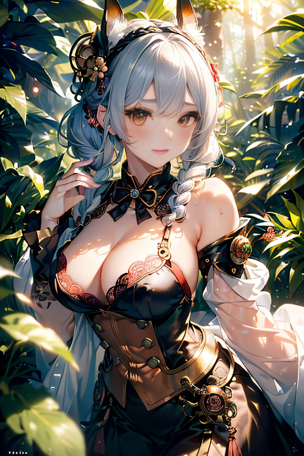 (ukiyoe painting:1.3),(3D Animation:1.3),(((king of steampunk:1.3)),(((Costume with intricate lace details))),(((Vibrant cosplay costumes of mythical creatures))),(((Animal ears))),(Sunbeams filtering through the leaves deep in a mysterious forest:1.3),(Make the subject look three-dimensional with the contrast of light and shadow),Cute and beautiful girl,Cute round face,Cute smile,with blush cheeks,Red Lip,(silver white hair,Floral braided headband,half up、Floral Braided Space Van,Voluminous Fishtail Braids,Twisted chignon,),(Bangs are see-through bangs),hair pin,hair adornments,detailed clothes features,Detailed hair features,detailed facial features,(Dynamic angles),(Dynamic and sexy poses),profetional lighting,Cinematic Light,(masutepiece,top-quality,Ultra-high resolution output image, depth of fields,) ,(32k quality,depth of fields,Anatomically accurate facial structure,),(Sea Art 2 Mode:1.3),(Image Mode Ultra HD,)