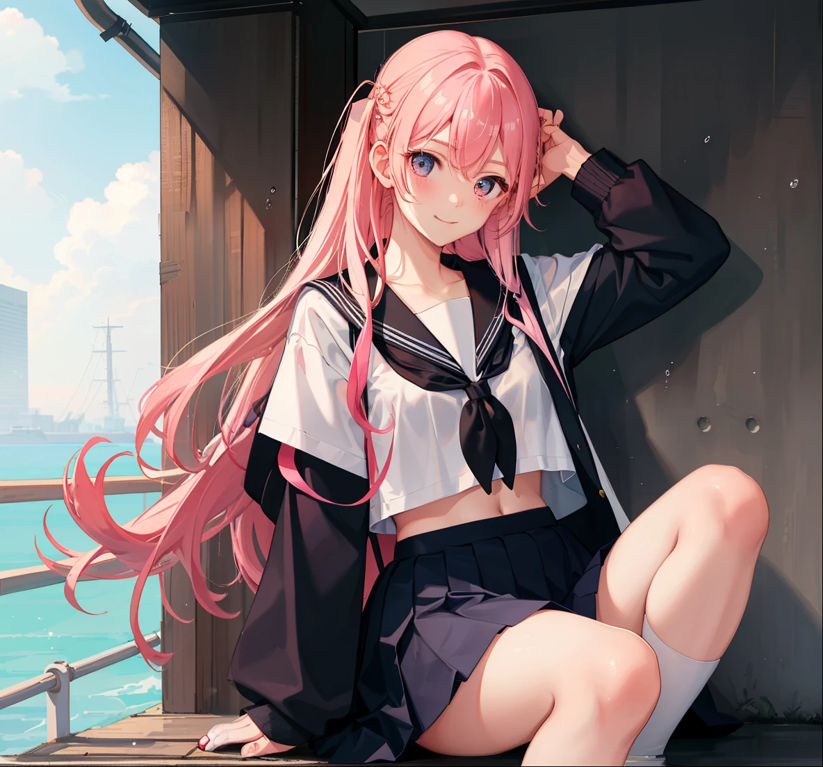 1girl in、A smile、The shirt、skirt by the、Light in the eyes、（highlight in eyes）Wink、（small tits）Chilarism、Japan High School Student Uniform、serafuku、summer clothing、Squall Drenched Uniform、Sheer Bra、（Portrait from the knee up）、