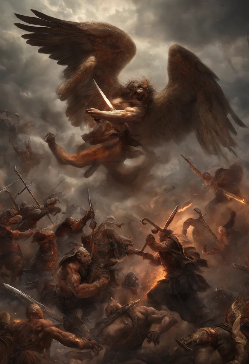 angelic and demonic battle, apocalyptic showdown, (masterpiece, high resolution, high quality, ultra realistic:1.2), heavenly and hellish creatures, intense light and shadow, epic clash, surreal landscape, dramatic composition, vivid colors, divine radiance, eerie darkness, fiery explosions, intricate details, supernatural beings, godly powers, sinister atmosphere