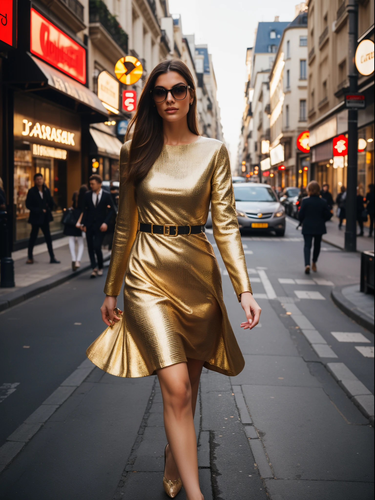 fashionable woman walking down a busy city street in a dress, super model, mesmerizing, (wearing luxury dress), (camera flash), paparazzi, in time Paris, street photography style, shot on hasselblad, (long exposure), (lens flare)