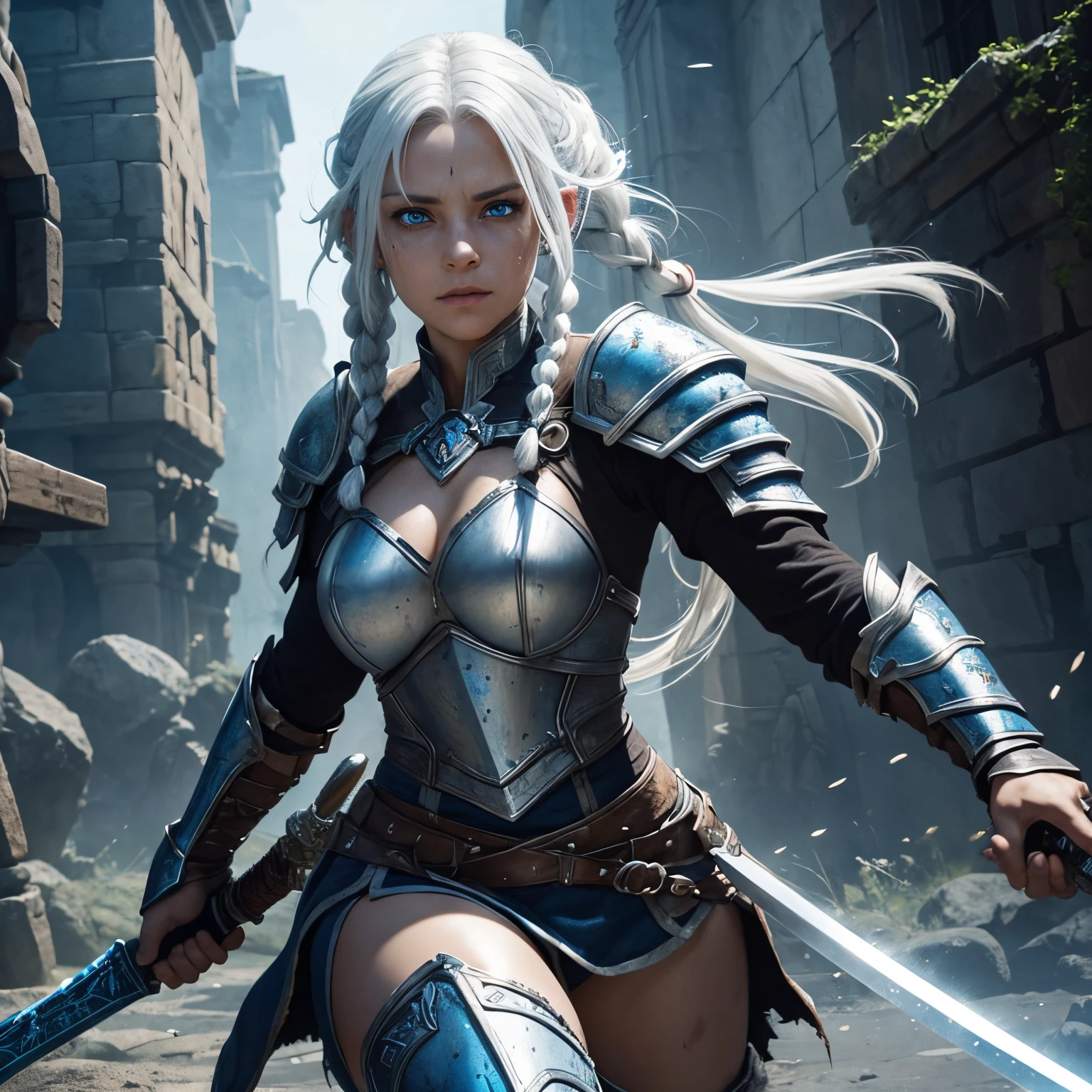 There is a woman with white hair into two braids that is wearing armor and wielding a sword, fighting orcs in the background as her blue eyes glint in the light and her brown skin is splattered with blood