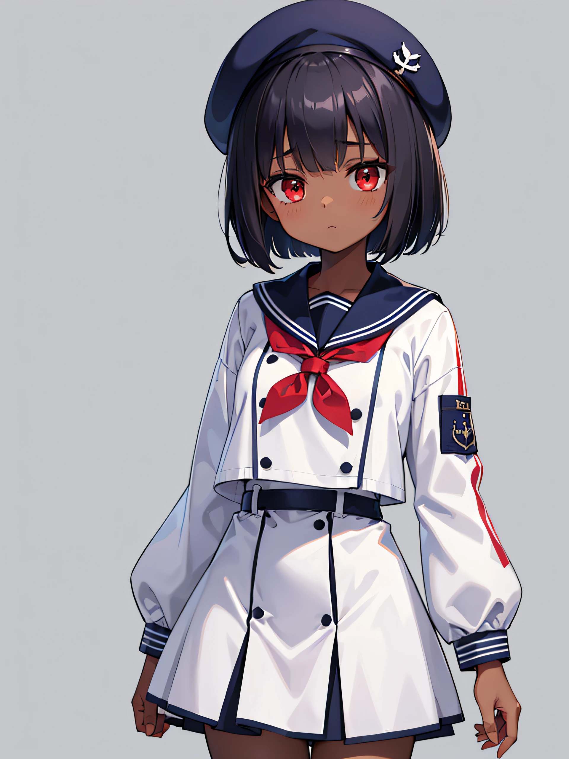 younger female,Jie Kang, a sailor suit, dark skin color, Medium and short hair, Bob Hairstyles, red eyes, Melancholic , Embarrassing, Tall girl, ((nothing background)), ((Transparent PNG)), white two piece dress, Navy blue jacket, Navy berets, Put your hands on your chest