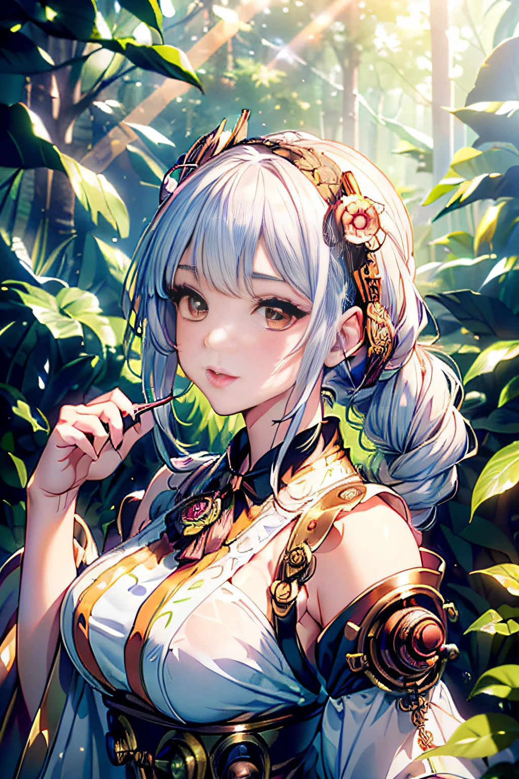 (ukiyoe painting:1.3),(3D Animation:1.3),(((king of steampunk:1.3)),(((Costume with intricate lace details))),(((Vibrant cosplay costumes of mythical creatures))),(((Animal ears))),(Sunbeams filtering through the leaves deep in a mysterious forest:1.3),(Make the subject look three-dimensional with the contrast of light and shadow),Cute and beautiful girl,Cute round face,Cute smile,with blush cheeks,Red Lip,(silver white hair,Floral braided headband,half up、Floral Braided Space Van,Voluminous Fishtail Braids,Twisted chignon,),(Bangs are see-through bangs),hair pin,hair adornments,detailed clothes features,Detailed hair features,detailed facial features,(Dynamic angles),(Dynamic and sexy poses),profetional lighting,Cinematic Light,(masutepiece,top-quality,Ultra-high resolution output image, depth of fields,) ,(32k quality,depth of fields,Anatomically accurate facial structure,),(Sea Art 2 Mode:1.3),(Image Mode Ultra HD,)