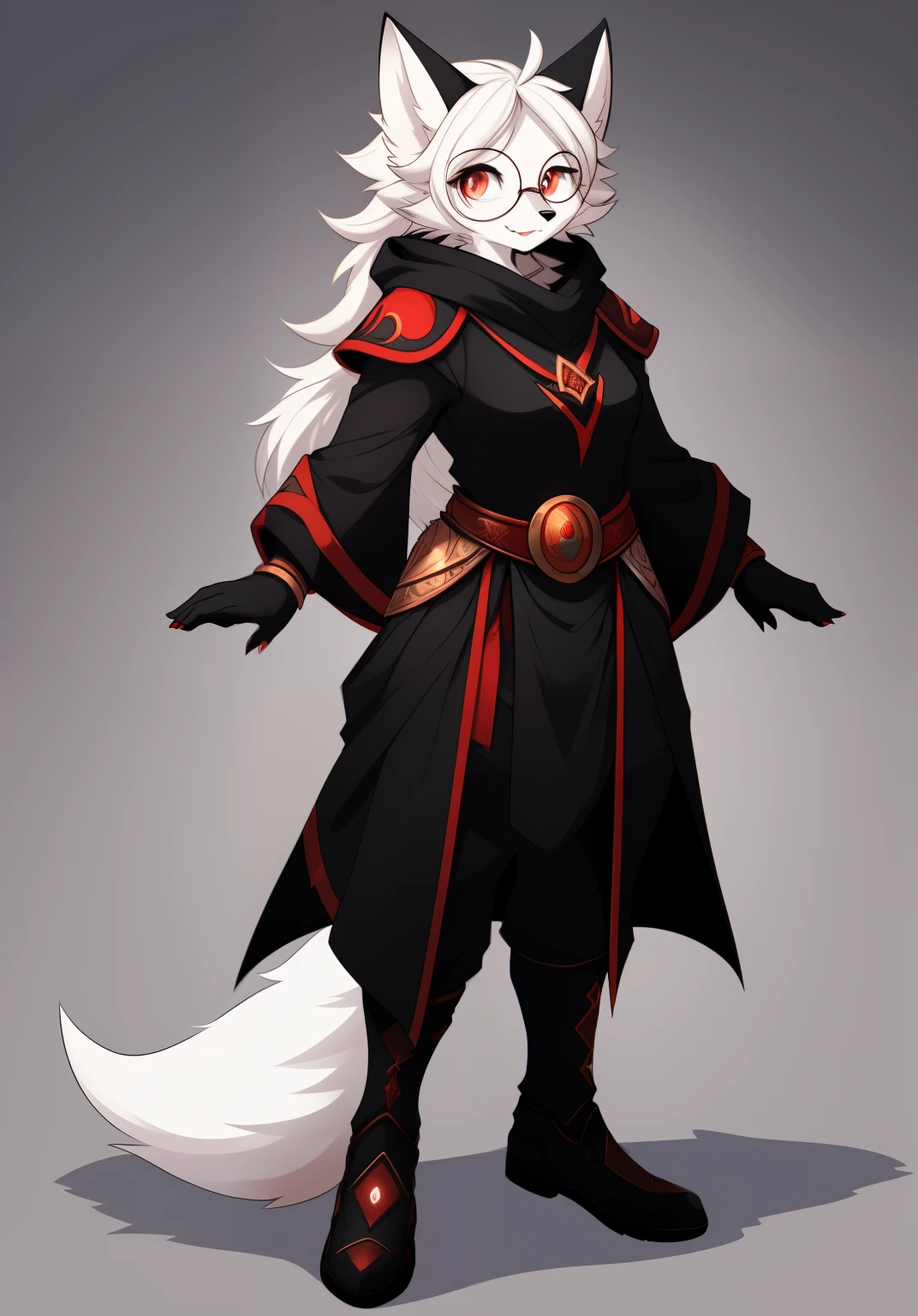 anthro, mommy female white fox, solo, long white hair, red eyes, fangs, full body, one big tail, dark background. dark priest with balck and red cloack, third eye, round glasses, full body