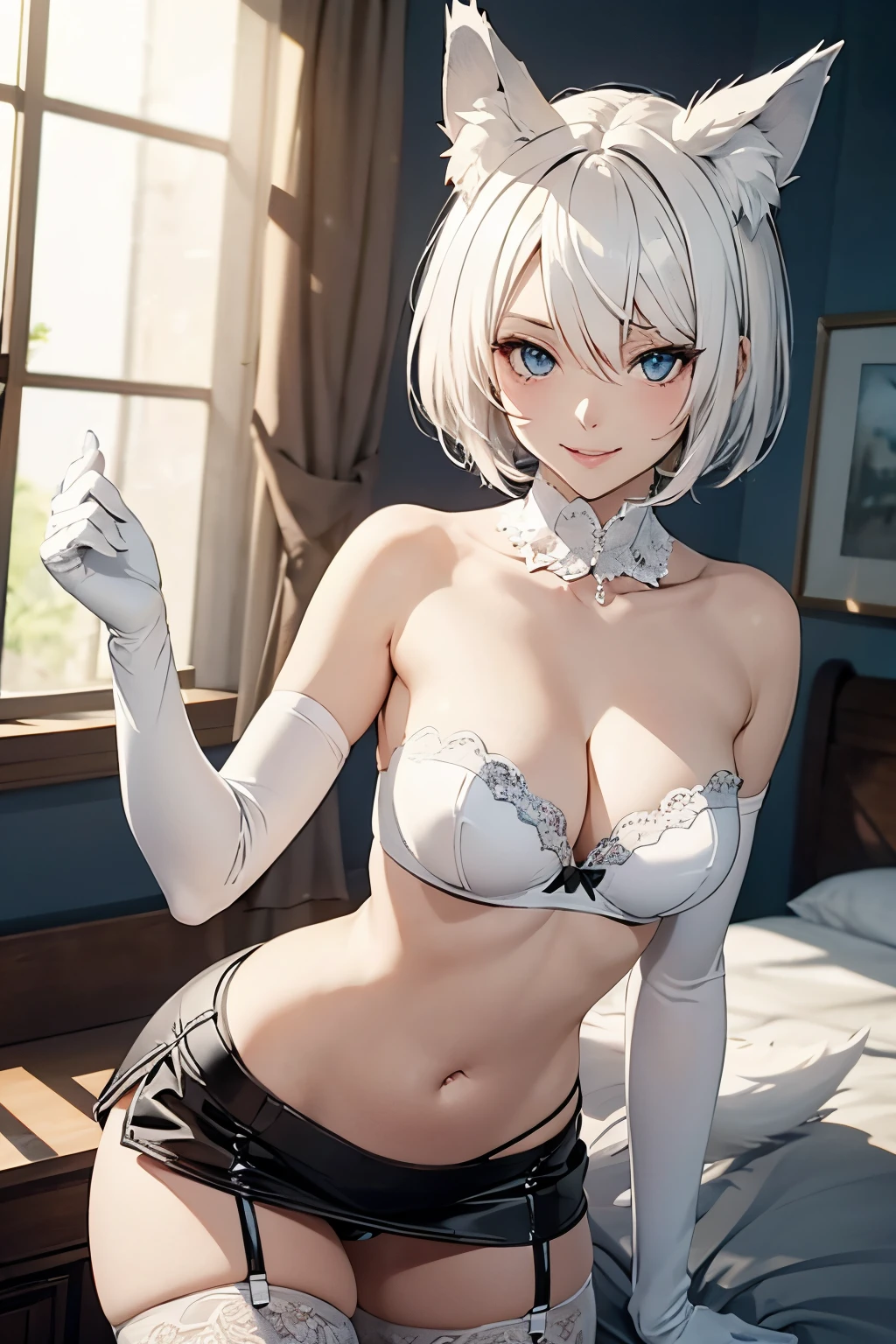 masutepiece　high-level image quality　Top image quality　8K　adult lady（Soio）　White Long Gloves（（blanche）（Long gloves））　white panty hose（（blanche）（beauty legs））　an lingerie（Tube Top）　a miniskirt　Wolf ears　shorth hair（（short-cut）（White hair）（perm）（fluffly））　Eye color is blue　beauty legs（A sexy）　A smile　bent forward