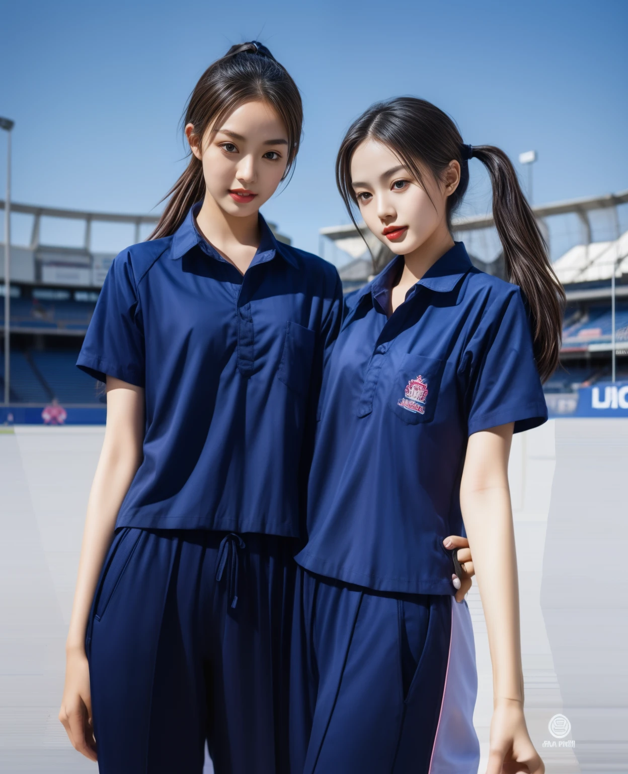(bestquality,10,10,highres,masterpiece:1.2),ultra-detail,(Realistic,photorealistic portrait,photo-realistic:1.37),1 Cute girl in the football field,oily shiny skin,bara,light smile,BDclothes,((blue shirt:1.3)),short sleeves,shirt, trousers.,(navy_long_Pants Track:1.1), ((Stadium Background:1.3)),dynamic angle,excited,face focus,Dynamic Poses,from behide,Ass Focus,masterpiece, bestquality, ultra realistic, hyper-detail, 8k resolution, RAW photo, crisp focus, ((Navy blue shirt:1.1)), short sleeves, Long Path, Perfect body, 2 mature women, 18yo, cinematic light,Blue sweatpants,Gymware,Correct anatomy,Complete body, Correct body, sharp face, Anatomically correct body, full entire body, Realistic gestures, long-haired, Realistic poses,Wear long shorts...........................,Long leg span,Shapely,Sculpting Girl, Slender Figure, mannequin mannequins, Shapely, Beautiful body,Blue sweatpants, Two girls kissing