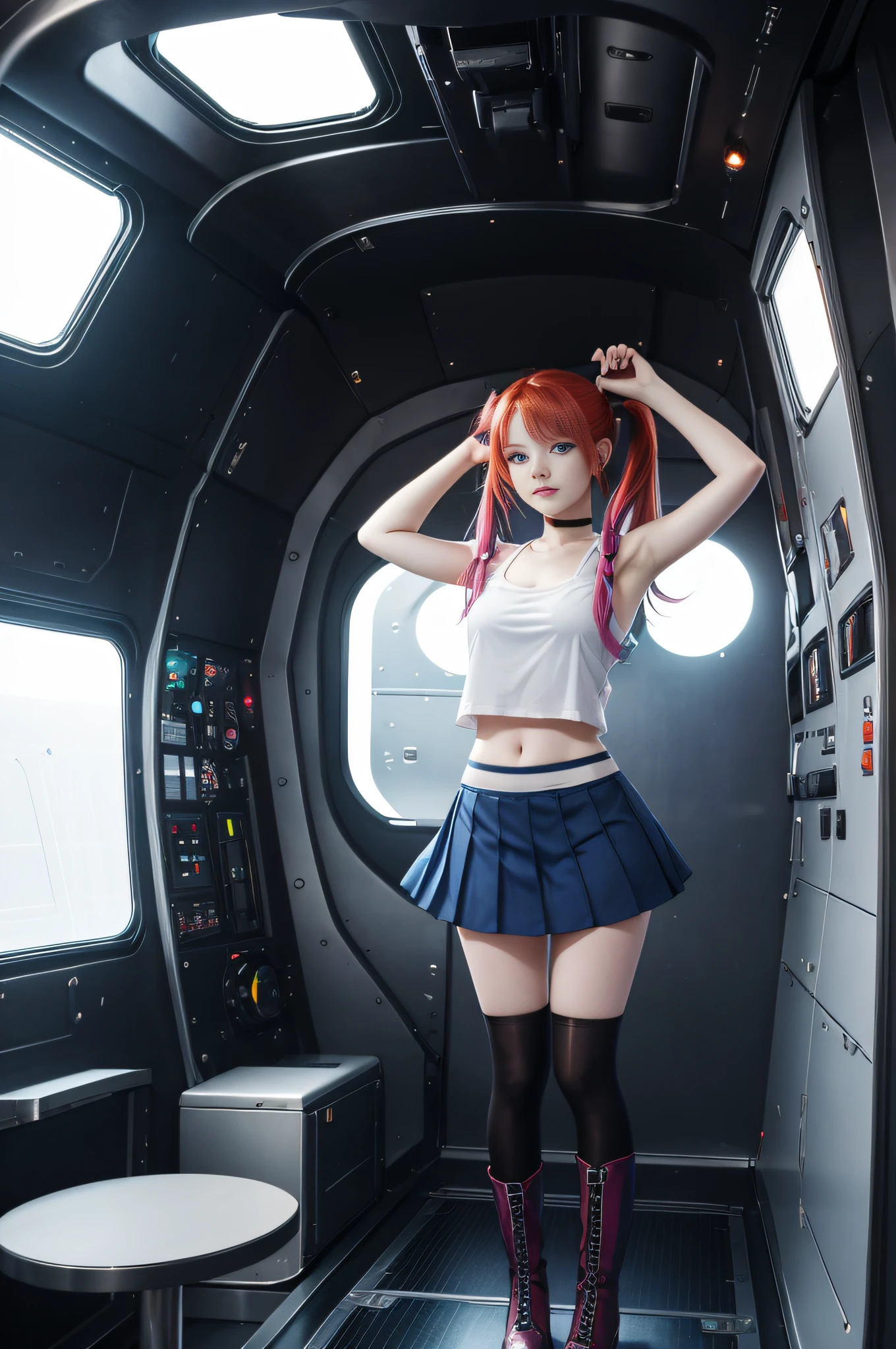cute redhead with rainbow colored hair tips, 18-year-old woman, happy, in twin tails, perfect blue eyes, pale skin, silky smooth skin, standing on a fancy metal luxurious space ship, dark warm lighting, wearing a tank top (sheer) and a pleated mini skirt, wearing full body pantyhose, cute boots.