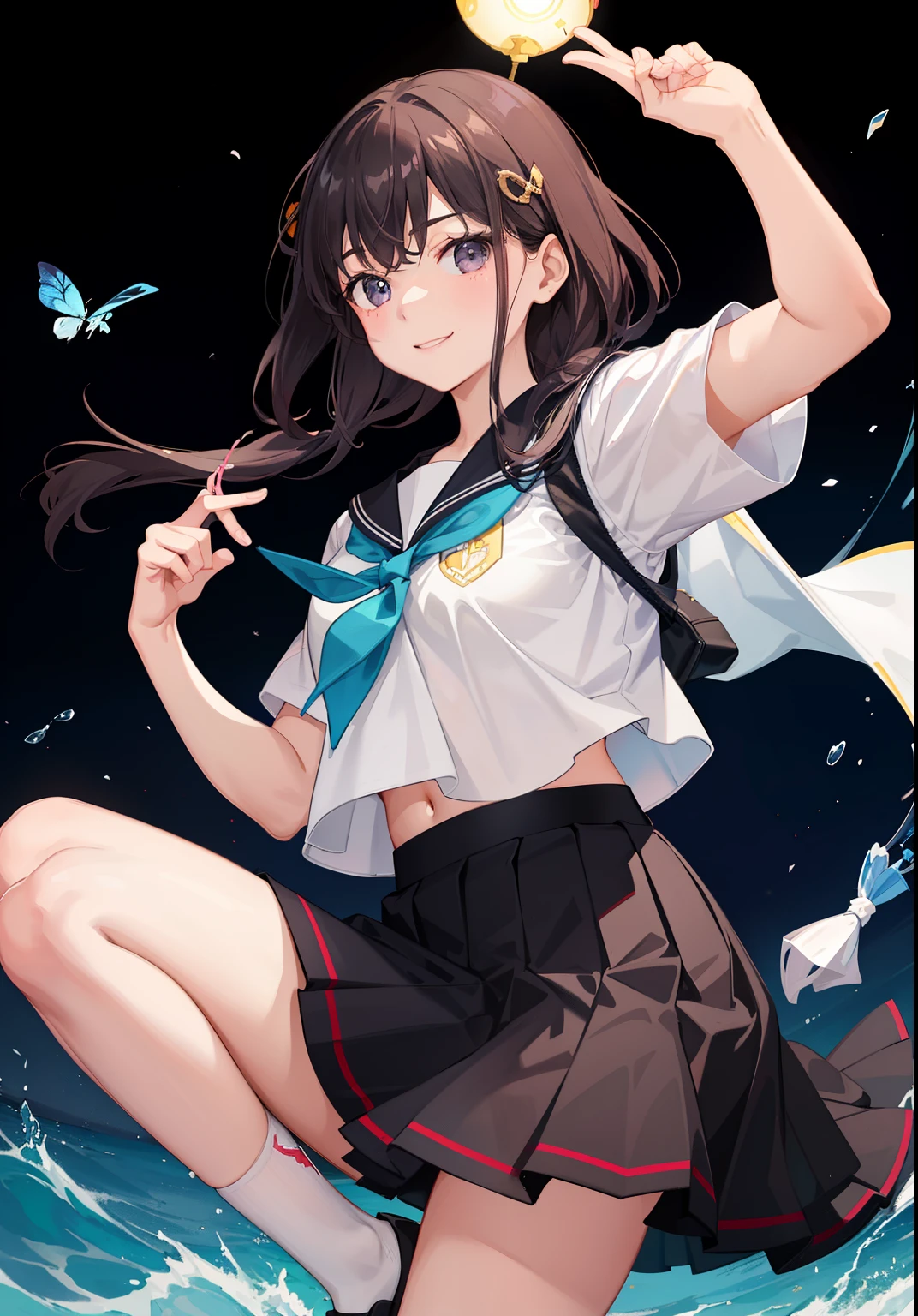 1girl in、A smile、The shirt、skirt by the、Light in the eyes、(highlight in eyes)Wink、(small tits)Chilarism、Japan High School Student Uniform、serafuku、summer clothing、(Portrait from the knee up)、