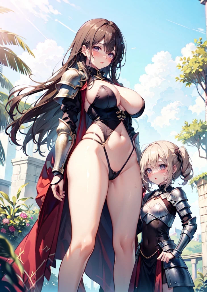 fantasy forest, (fantasy:1.2), (forest:1.1), (yuri:1.5), looking at another, (2girls:1.7), (giantess:1.2), (height_difference:1.5), (size_difference:1.3), (giantess:1.1), forest background, nature environment, she is much taller than her, a giantess next to a girl, a giantess looking down at a girl, a giantess, (tall woman:1.4), (adult woman: 1.2), large breasts, navel, panties, happy, (rear_end:1.2), (very tall: 1.1), armor, gambeson, shoulderplates, from below, girl next to a giantess, woman, tiny breasts, armor, gambeson, shoulderplates, naked, long hair, embarrassed, scared, brown hair, poor clothing, dirty clothing, (long_hair:1.3), big breasts, cameltoe, sweaty, catgirl