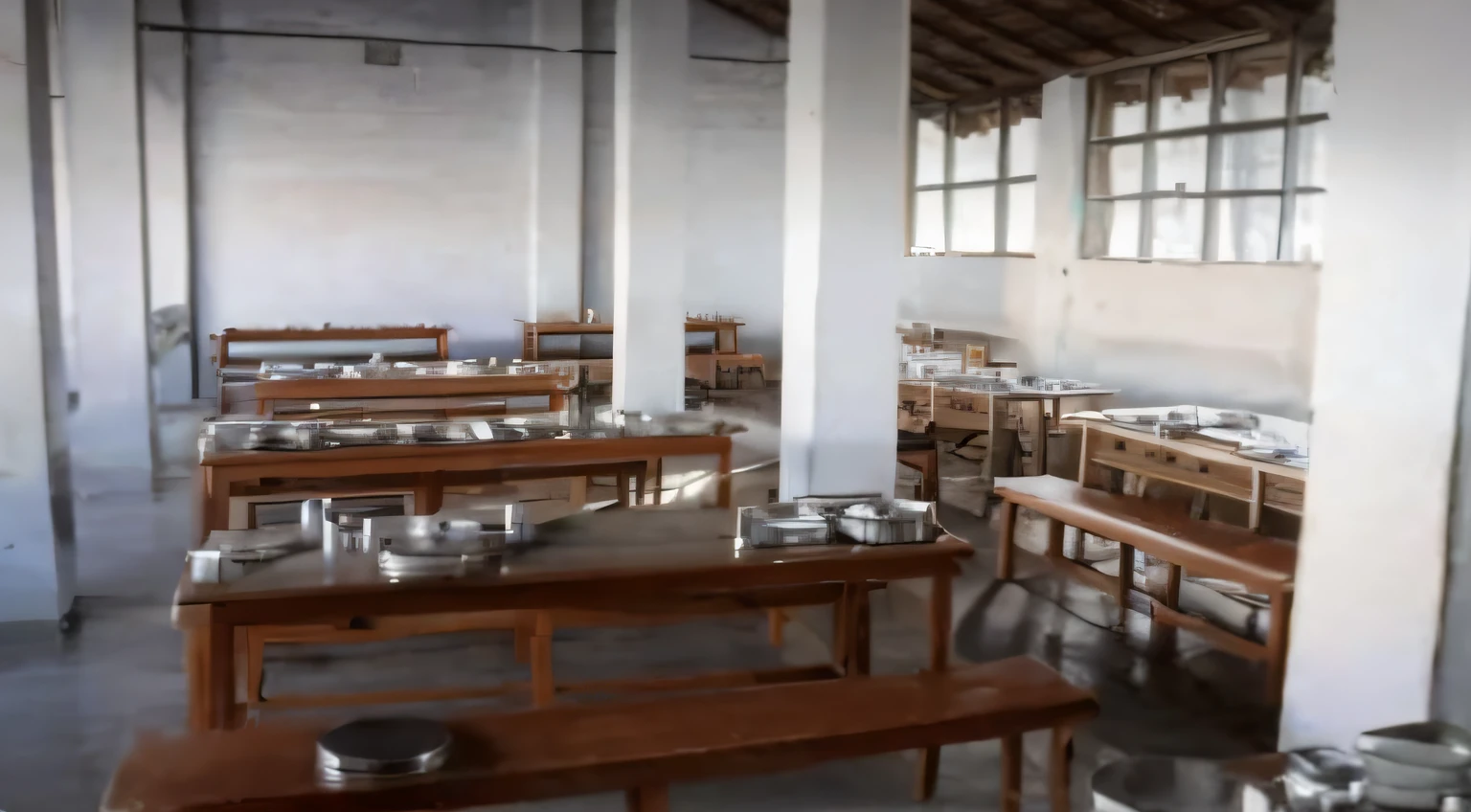 hay muchas mesas y bancos en una gran sala con ollas y sartenes, Hi-Def, high resolusion, imagen bien definida, Filas de cantina en el fondo, historical image, School Classroom, completely empty, Mesas y paredes de bronceado, restaurante, Dentro de la escuela primaria, Aula en segundo plano, Escuela de Arte de Bengala, Vista interior, Subtitles, Foto de un aula, Interior del edificio, video still, instagram post, Classroom, Entorno soleado