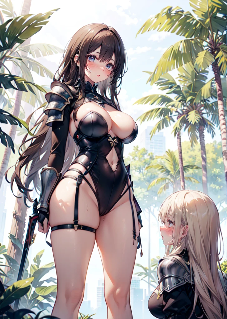 fantasy forest, (fantasy:1.2), (forest:1.1), (yuri:1.5), looking at another, (2girls:1.7), (giantess:1.2), (height_difference:1.5), (size_difference:1.3), (giantess:1.1), forest background, nature environment, she is much taller than her, a giantess next to a girl, a giantess looking down at a girl, a giantess, (tall woman:1.4), (adult woman: 1.2), large breasts, navel, panties, happy, (rear_end:1.2), (very tall: 1.1), armor, gambeson, shoulderplates, from below, girl next to a giantess, woman, tiny breasts, armor, gambeson, shoulderplates, naked, long hair, embarrassed, scared, brown hair, poor clothing, dirty clothing, (long_hair:1.3), big breasts, cameltoe, sweaty, catgirl