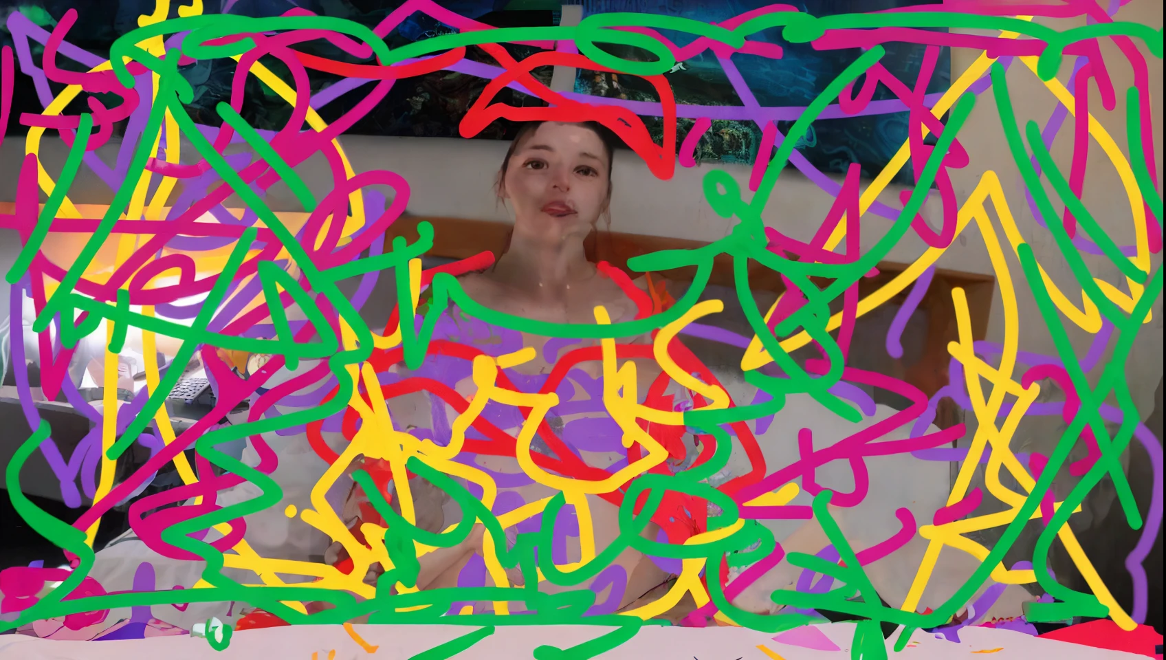 Arafed image of woman sitting on bed with colorful frame, petra cortright, part petra cortright, With glitch and graffiti effect, Digital Art. @Mario Maniac Dude, James Jean and Petra Courtwright, video still, video art, LSD Trip, snapchat photo, neon coloring, digitally drawn, digital art - w 640