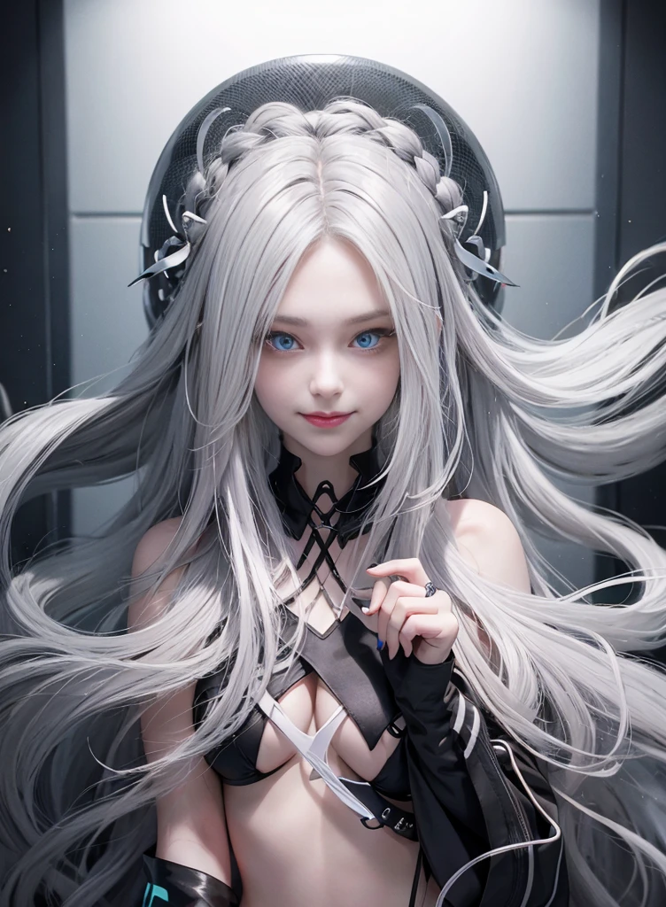 fluorescent blonde，Long gray hair，Nice face，black bikini，Heterochromatic pupil，ssmile，apathy，比基尼，Full body photo