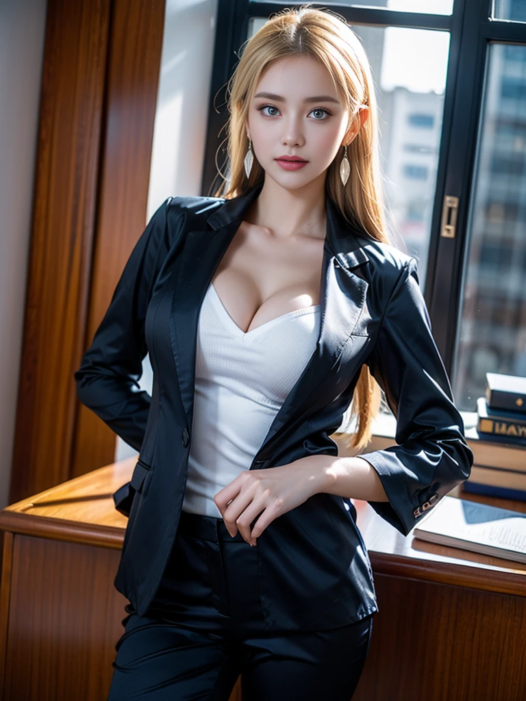 1girl, (Blue eyes), (Smile), (Sana Minatozaki), wide hips, Big Boobs, big ass, round butt, (Best Quality, 8k, Masterpiece: 1.3), perfect hands, Clear Focus: 1.2, Perfect Body Beauty: 1.4 , Slender Abs: 1.2, Highly detailed face and skin texture, detailed eyes, double eyelids, (blonde long hair), ((Black formal mini skirt :1.)), ((brown formal blazer :1.2)), (high heels), (sexy executive woman :1.3), standing, varied pose, next to a luxurious building