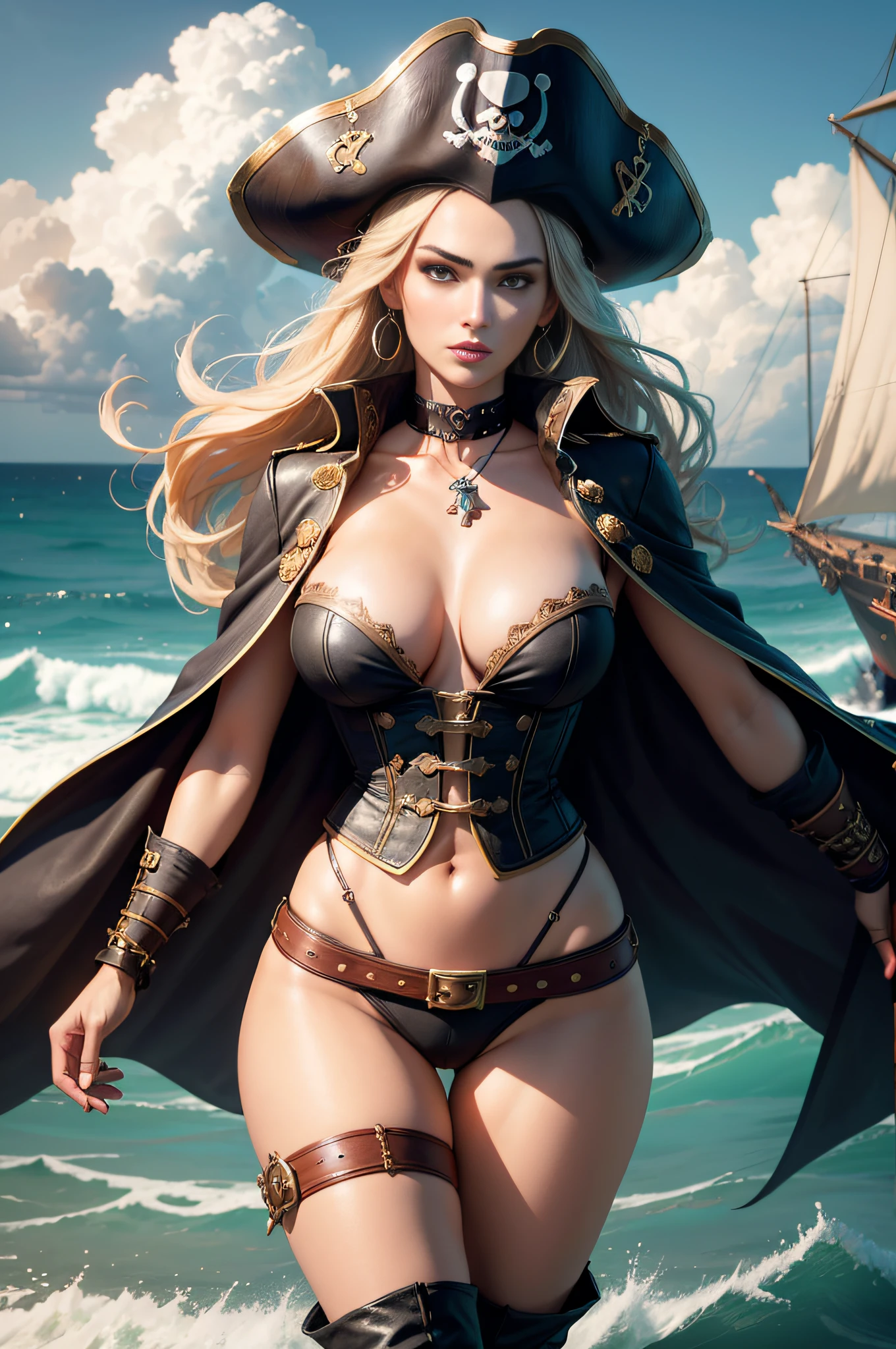 (best quality,4k,highres,masterpiece:1.2),ultra-detailed,realistic,sexy busty pirate girl,longeyelashes,beautiful detailed eyes,beautiful detailed lips,dark-haired,brown-eyed,flawless complexion,perfectly curved body,hourglass figure,pirate ship deck,battle at sea,dramatic lighting,wind tousling her hair,pistol in her hand,cutlass at her waist,cannon fire in the background,smoke and sparks filling the air,fierce expression,confident stance,black pirate hat with skull and crossbones,ornate pirate captain outfit,gold earrings,eyepatch with a crimson gem,weathered wooden planks,tattered sails,anchor symbol on the ship,crashing waves,stormy skies,adrenaline rush,pirate adventures,treasure hunting,swashbuckling action,seductive charm,pirate queen,feared and respected by her crew,stormy night sea,hidden treasures,heroic deeds,legendary pirate,secrets of the deep sea,untold riches,treasure map leading to her next conquest,rum-filled barrels,glint of gold and jewels,high-stakes pirate life,skilled sword fighting,pirate flag waving proudly,skull and crossbones symbol, plunging neckline,revealing corset,thigh-high boots,long flowing cape,scenic ocean view,stormy seascape,vivid colors,romanticized pirate life,memorable adventure,legacy of the fearless captain,Megan Fox.