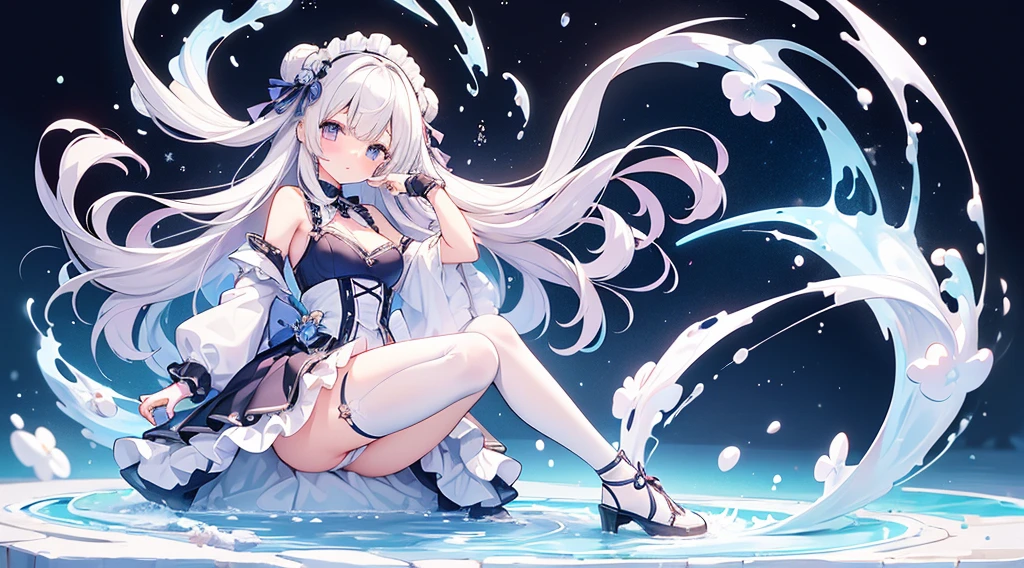 (tmasterpiece)、(top-quality)、(ultra - detailed)、(独奏)、Beautiful girl of 、small、mediuml breasts,Shoulders bare、Emphasize cleavage、Thighs exposed、Long white hair,White super short lolita,Barel,Look at the camera shyly,Holding urine,Pee came out,Put your hands on the hem of your skirt,(Clear liquid flows from thigh to calf),Full body photo
