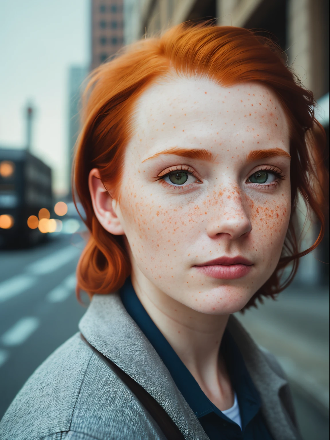 a 17mm ultrawide angle, portrait of a (redhead:1.2), freckles teacher, staying on the street of modern city, [nipples : white shirt : 18], slate atmosphere, lightroom, 35mm film, cinematic, dimmed colors, dark shot, muted colors, film grainy, lut, insane details, intricate details, hyperdetailed, closeup, twilight