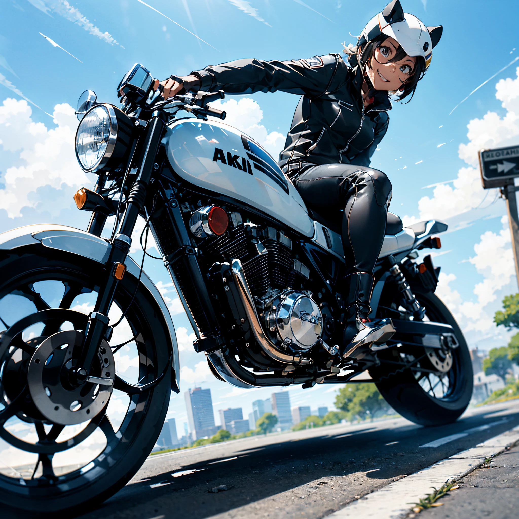 Anthropomorphic dog riding a motorcycle，The motorcycle says AKI0003