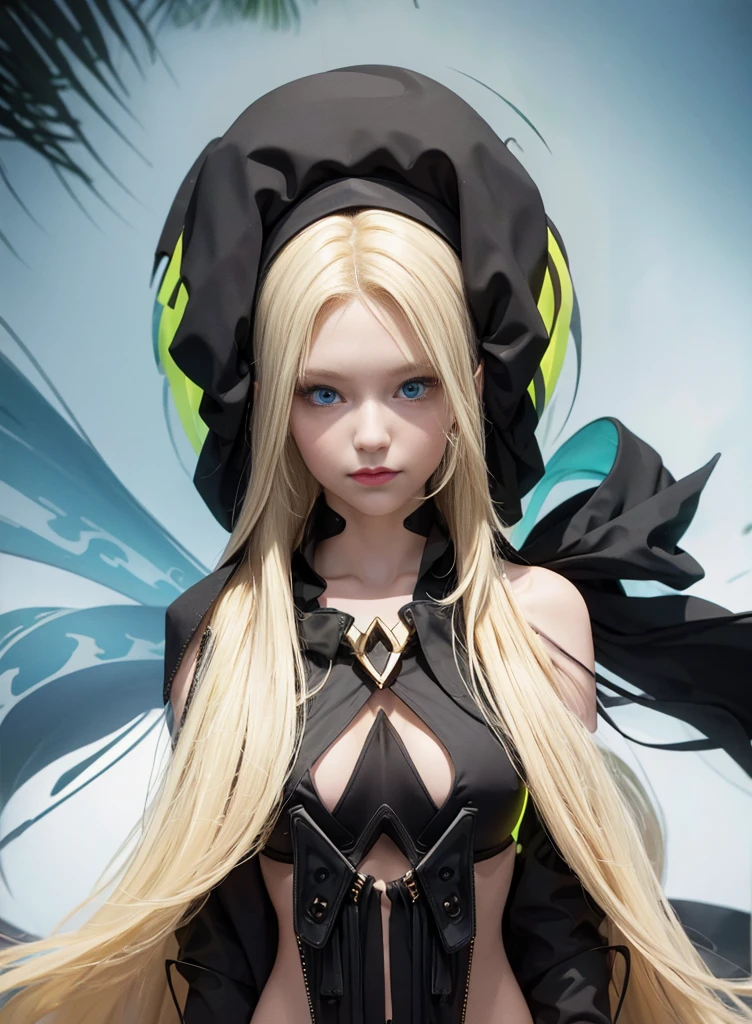 Fluorescent blonde long hair,Nice face,black bikini,Heterochromatic pupil,ssmile,apathy,比基尼,fully body photo