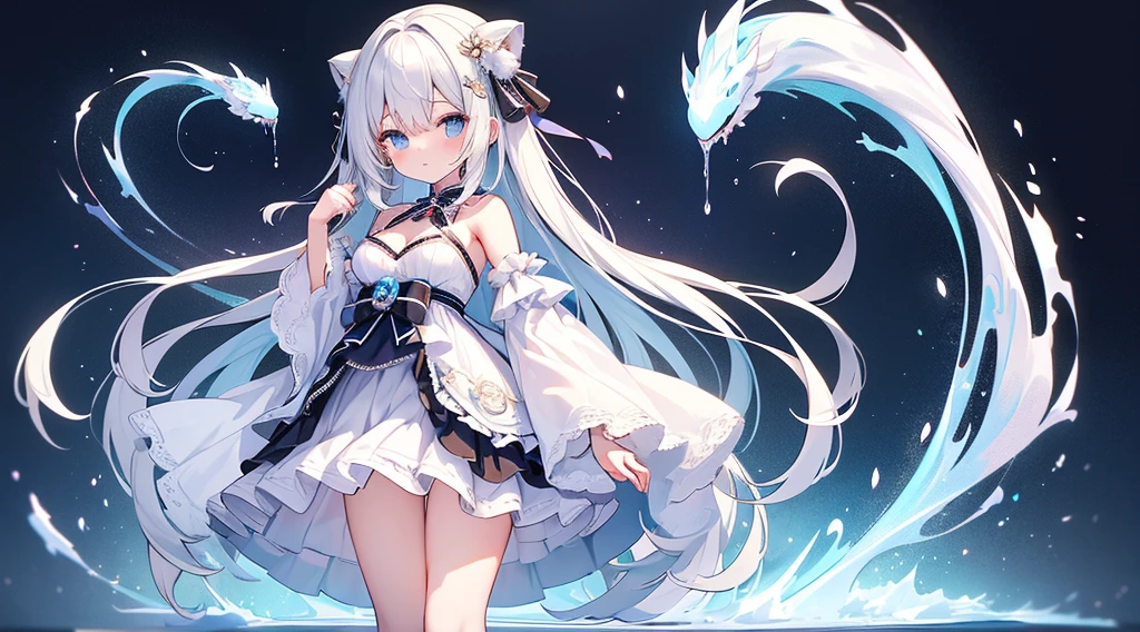 (tmasterpiece)、(top-quality)、(ultra - detailed)、(独奏)、Beautiful girl 、small、mediuml breasts，Shoulders bare、Emphasize cleavage、Thighs exposed、Long white hair，White super short lolita，bare-legged，Look at the camera shyly，Put your hands on the hem of your skirt，(Clear liquid flows from thigh to calf)，fully body photo