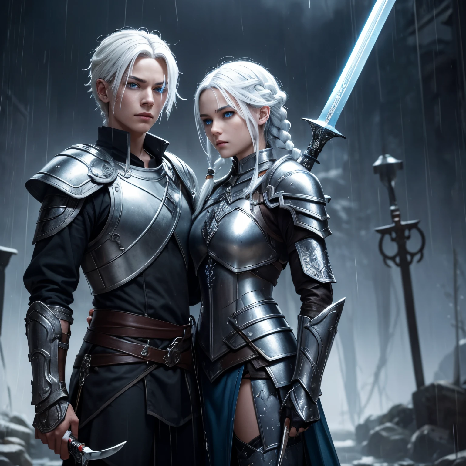 There is a androgynous figure with white hair into two braids that is wearing armor and wielding a sword and shield as their blue eyes glint in the light and their deep brown skin is splattered with blood. Rain falls