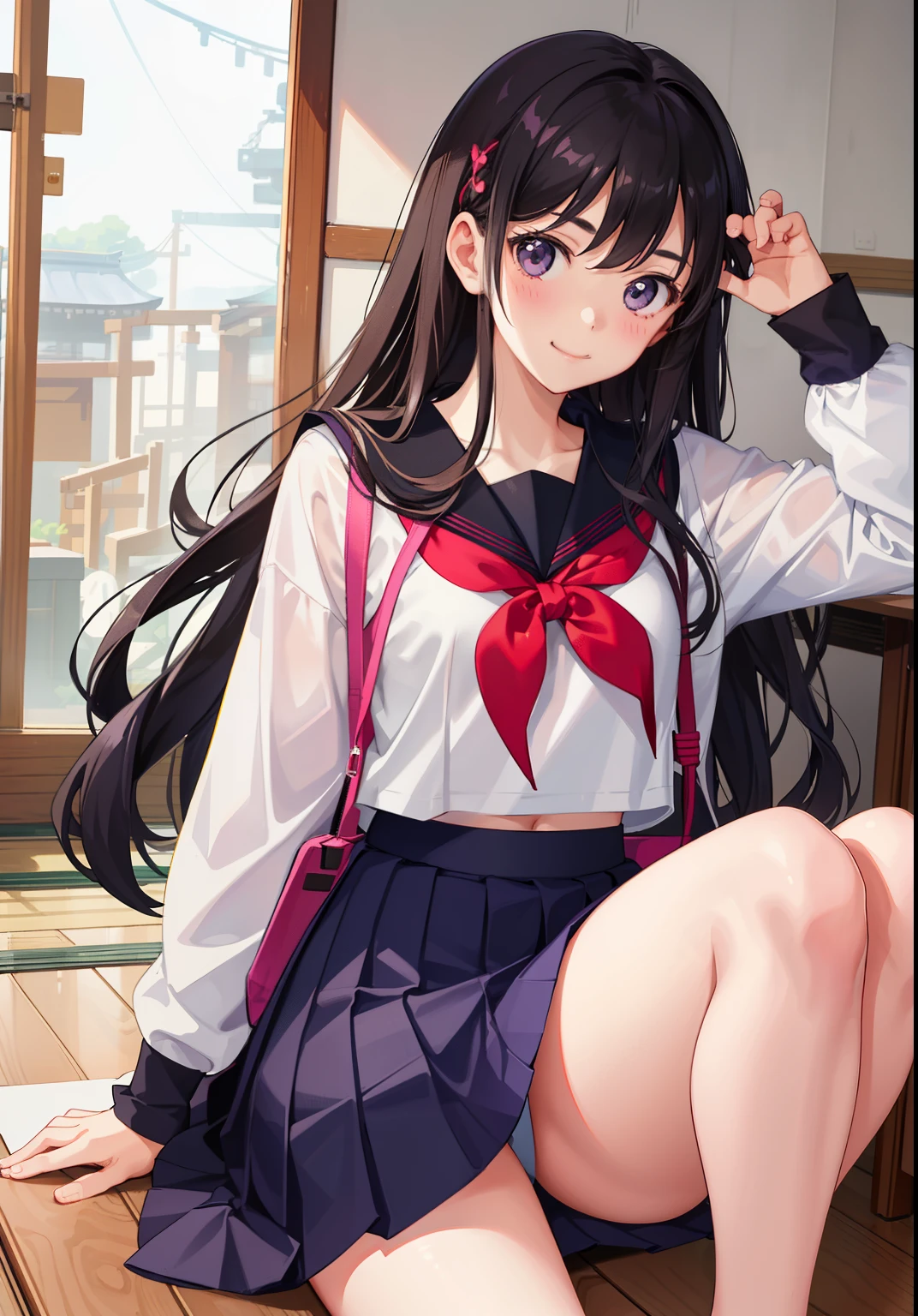 1girl in、A smile、The shirt、skirt by the、Light in the eyes、（highlight in eyes）Wink、（small tits）Chilarism、Japan High School Student Uniform、serafuku、summer clothing、（Portrait from the knee up）、