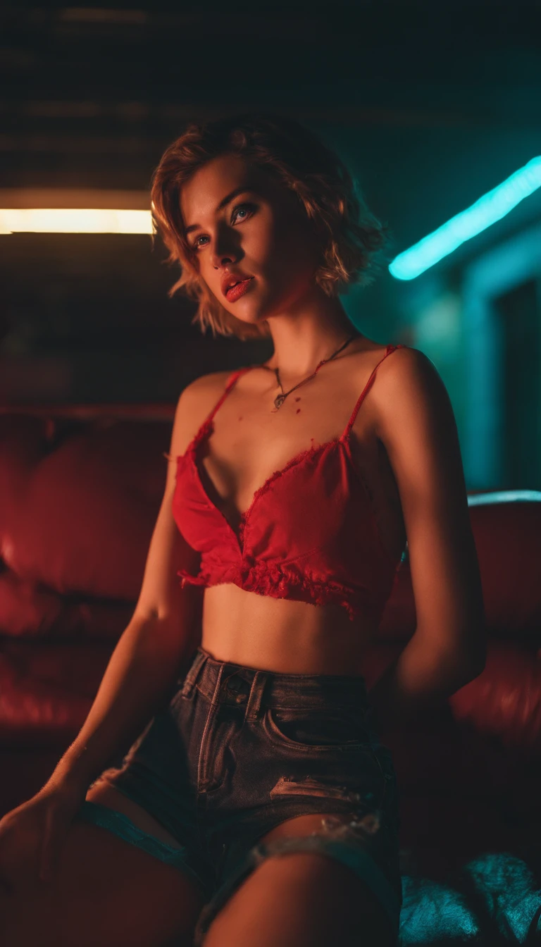 photograph (lofi, analog, kodak film) by Brandon Woelfel Ryan McGinley (from below:1.4). 19 year old females models, (((messy short hair:1.3))), slim waist, (((thinspo body:1.6)), deep photo, depth of field, Superia 400, shadows, perfect face and body, dark, nighttime, dark photo, grainy, seductive smirk, american girl, ,photo r3al, wearing a transparent sexy and naughty lingerie full_body, inside an abandoned jailhouse , black and red neon colors in the background, collar bone, slim waist, flat stomach, pubic hair
(((small breasts:1.3))) sitting on a big red leather couch, mist and smoke in the place, wet and soaked,